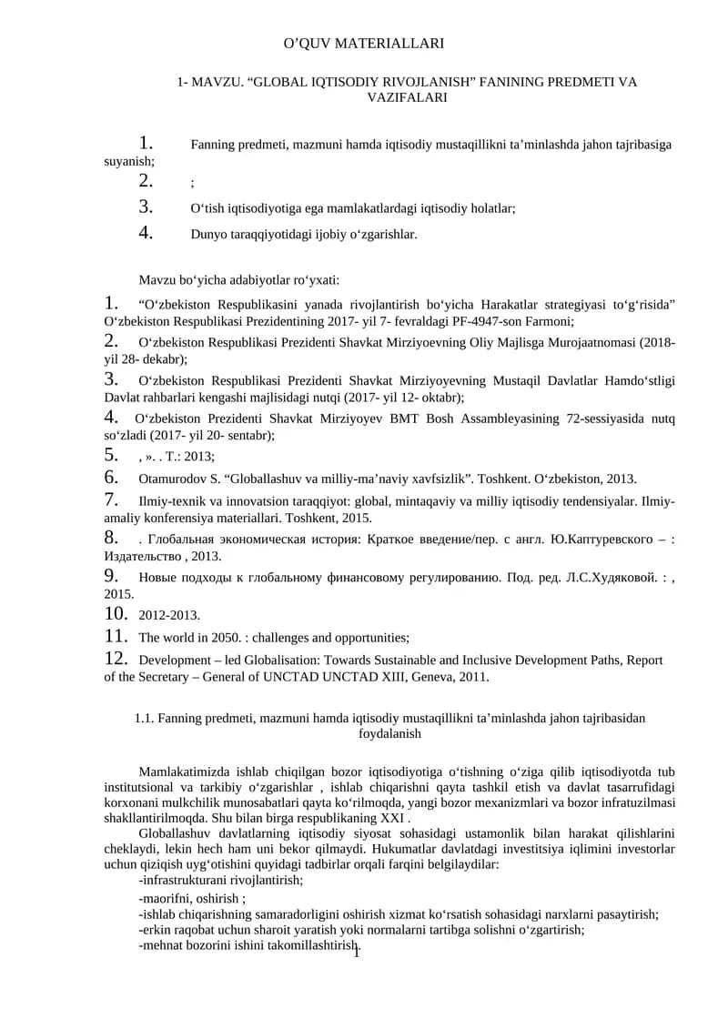 MаVZU. “GLОBАL IQTISОDIY RIVОJLАNISH” FАNINING PRЕDMЕTI VА VАZIFАLАRI
