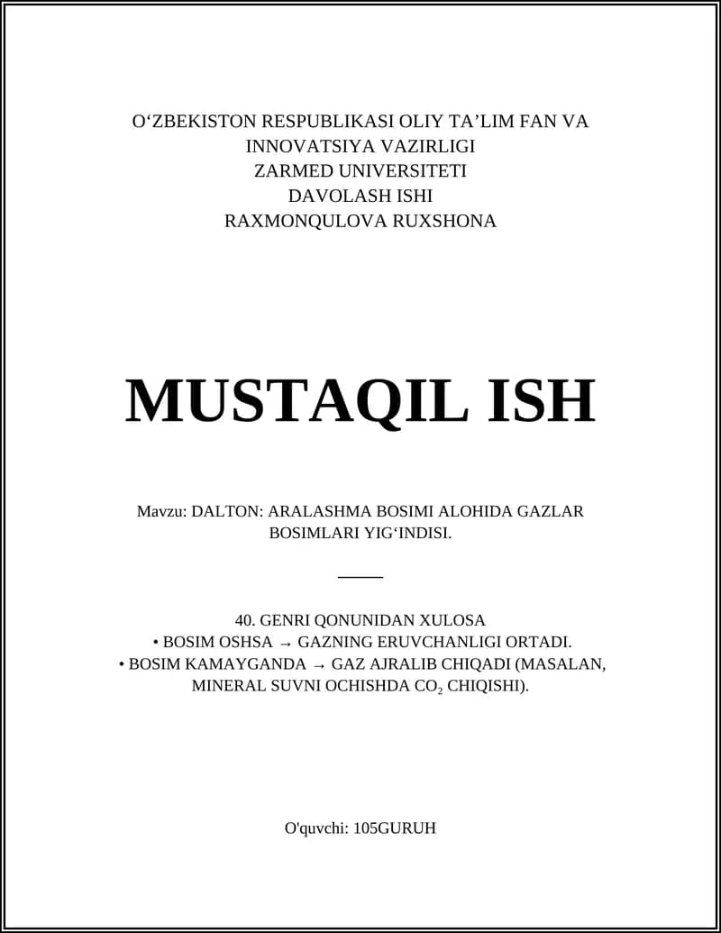 Dalton qonuni: aralashma gazlarida alohida bosim tushunchasi