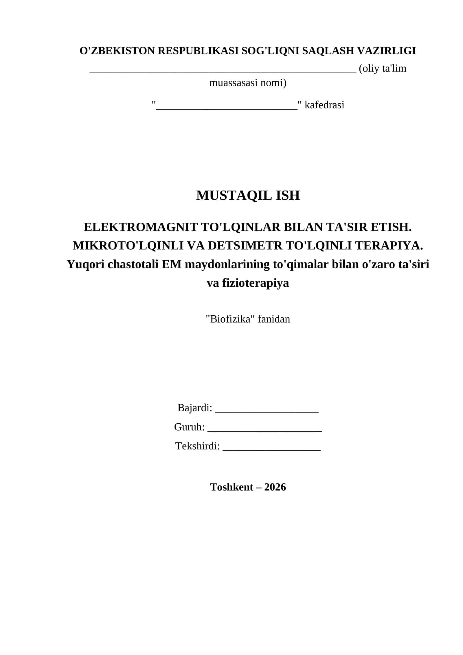 ELEKTROMAGNIT TO'LQINLAR BILAN TA'SIR ETISH. MIKROTO'LQINLI VA DETSIMETR TO'LQINLI TERAPIYA