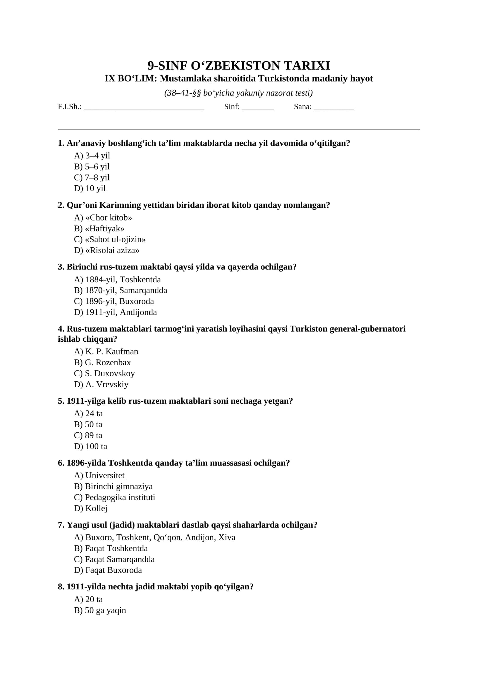 Mavzulashtirilgan testlar | 9-SINF O‘ZBEKISTON TARIXI IX boʻlim