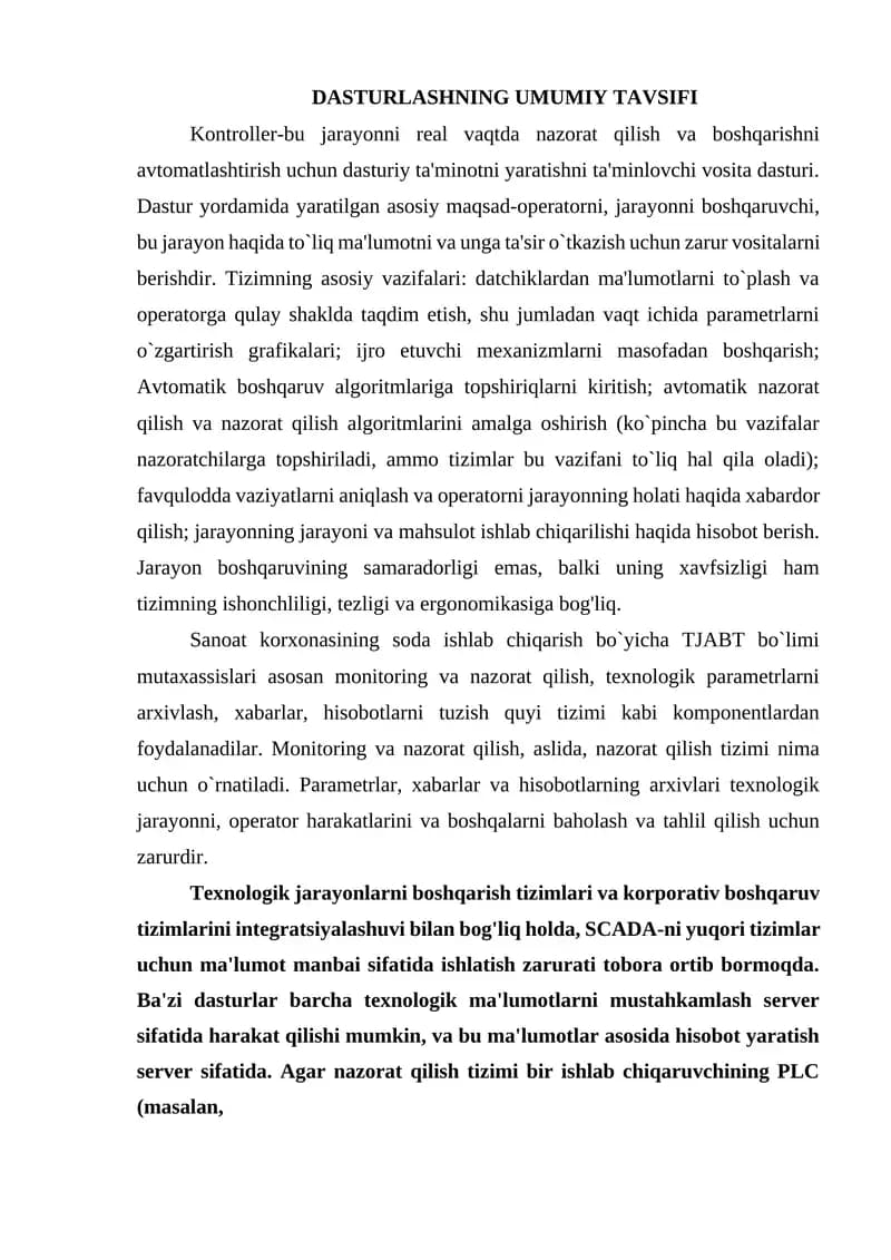 DASTURLASHNING UMUMIY TAVSIFI