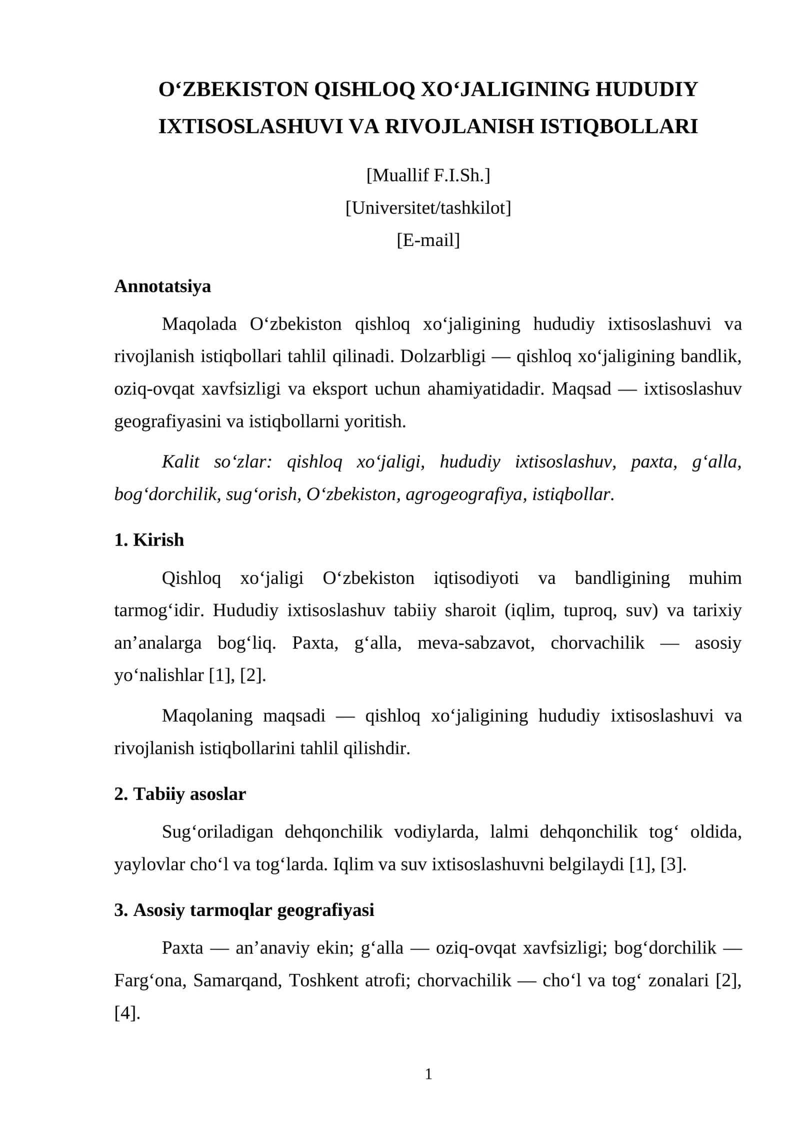 O‘ZBEKISTON QISHLOQ XO‘JALIGINING HUDUDIY IXTISOSLASHUVI VA RIVOJLANISH ISTIQBOLLARI