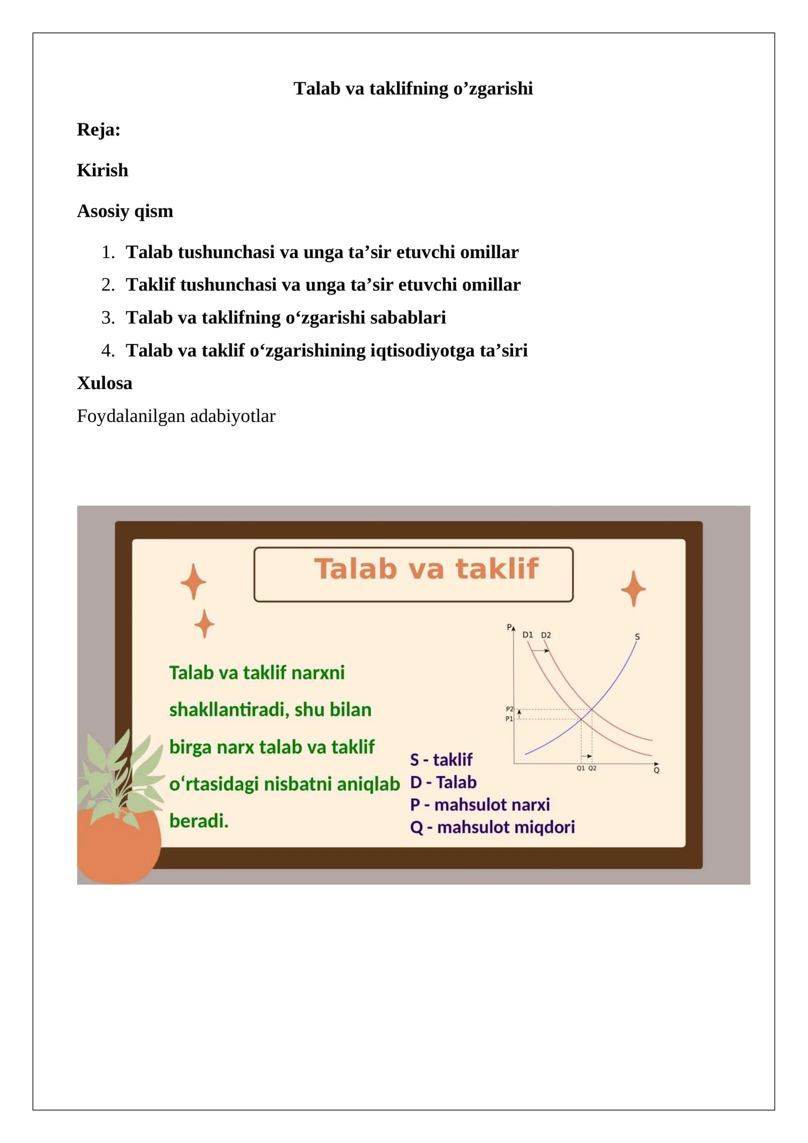 Talab va taklifning o’zgarishi