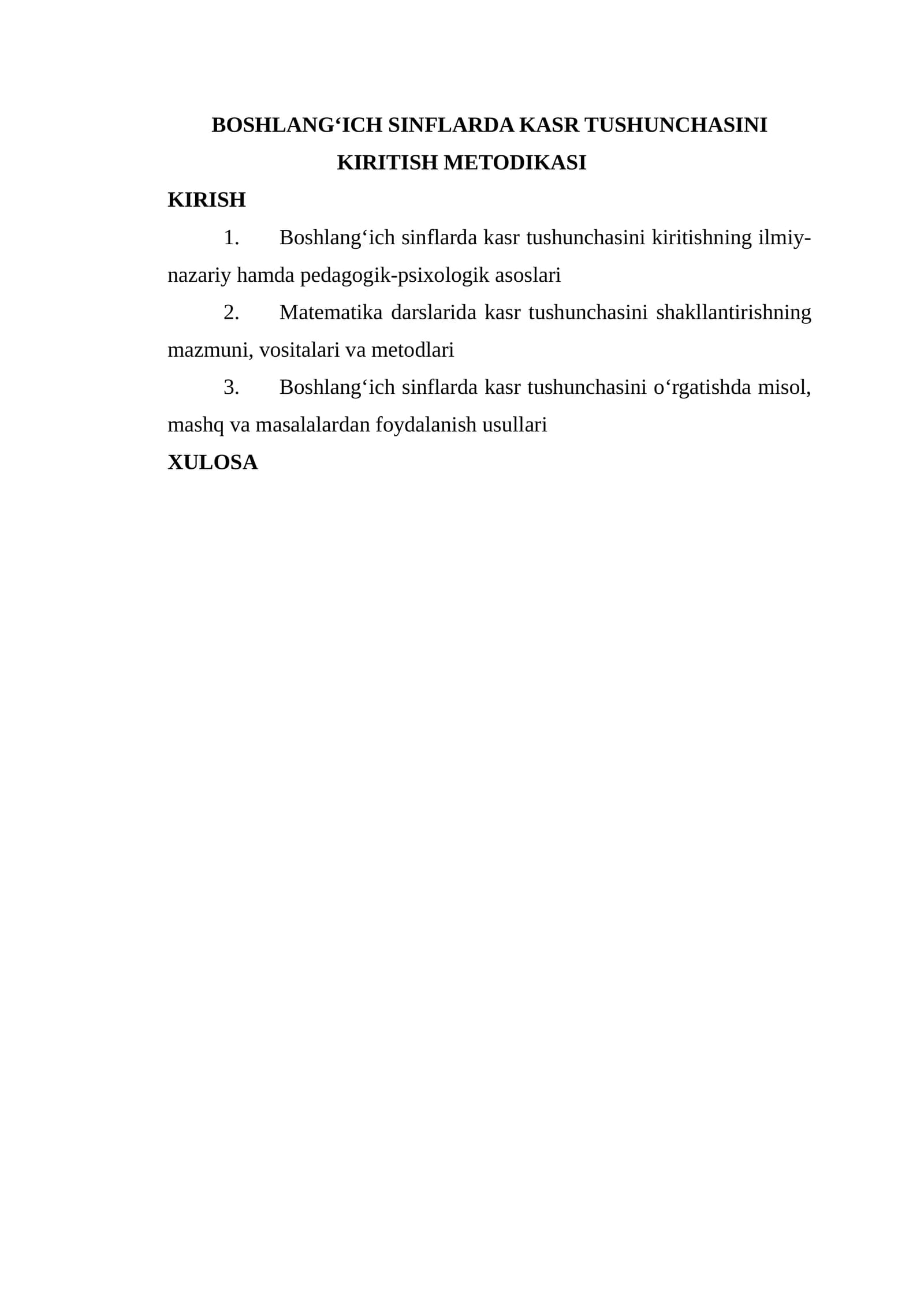 Boshlang‘ich sinflarda kasr tushunchasini kiritish metodikasi