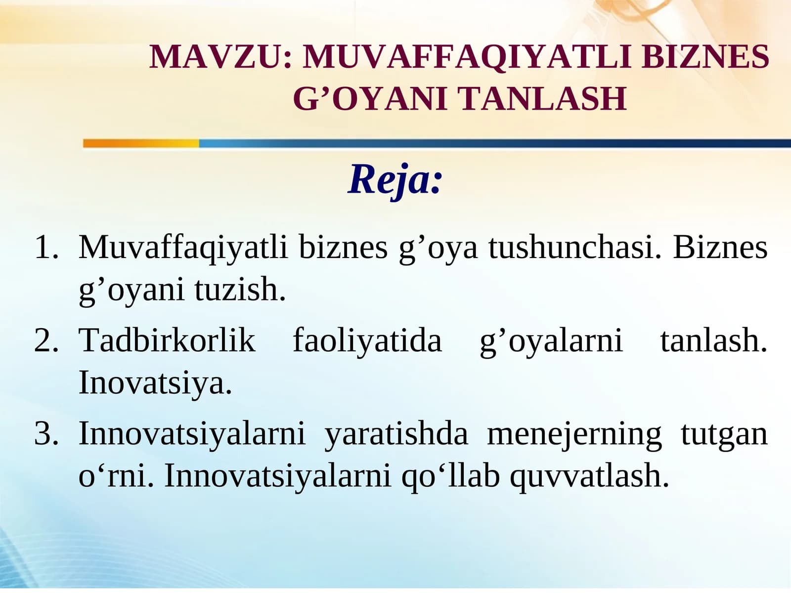 MUVAFFAQIYATLI BIZNES G’OYANI TANLASH
