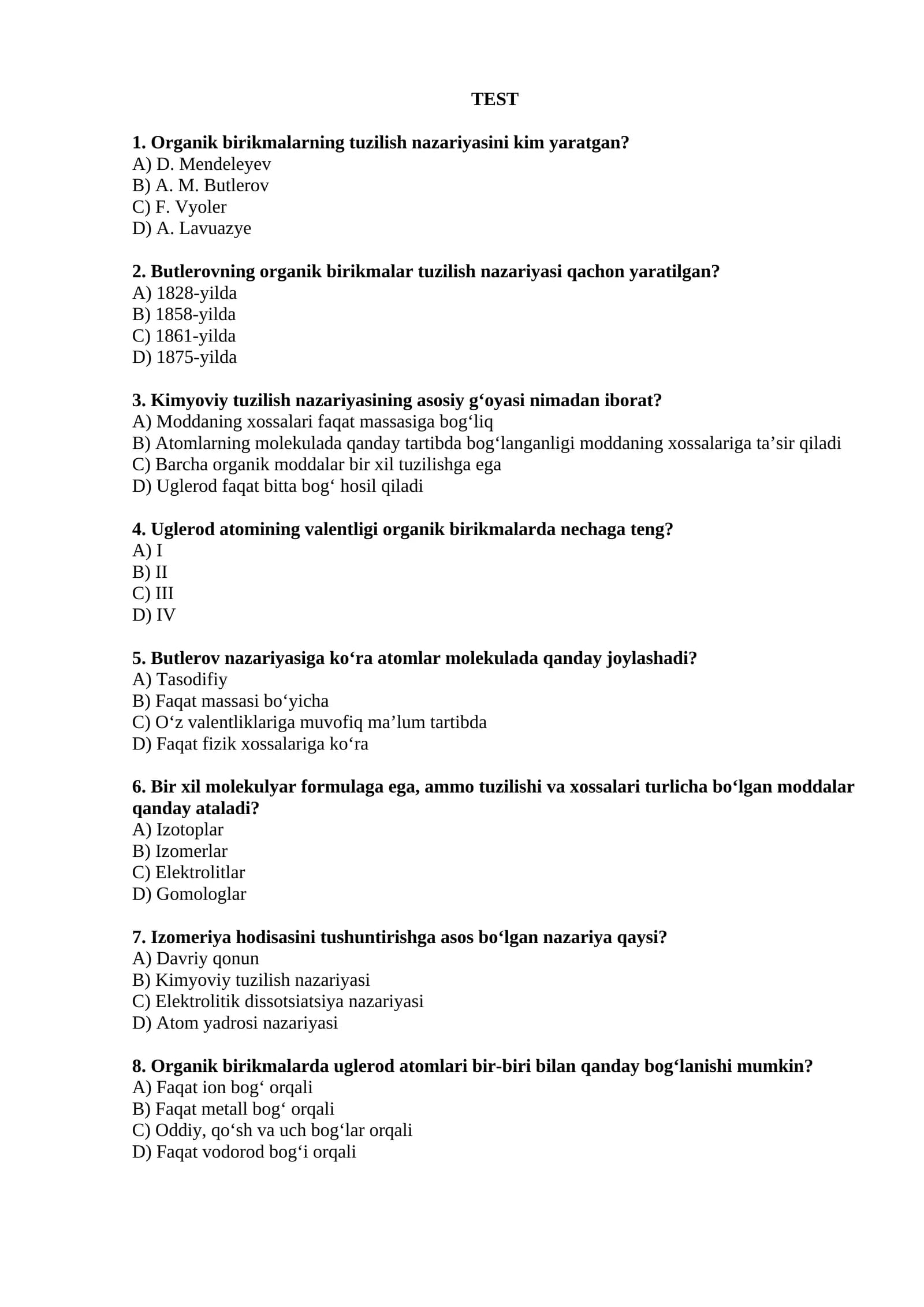 Organik birikmalar haqida savollar