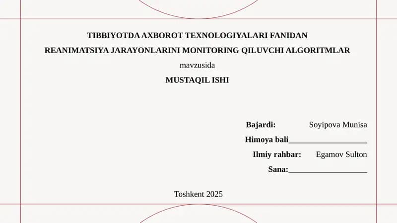 REANIMATSIYA JARAYONLARINI MONITORING QILUVCHI ALGORITMLAR