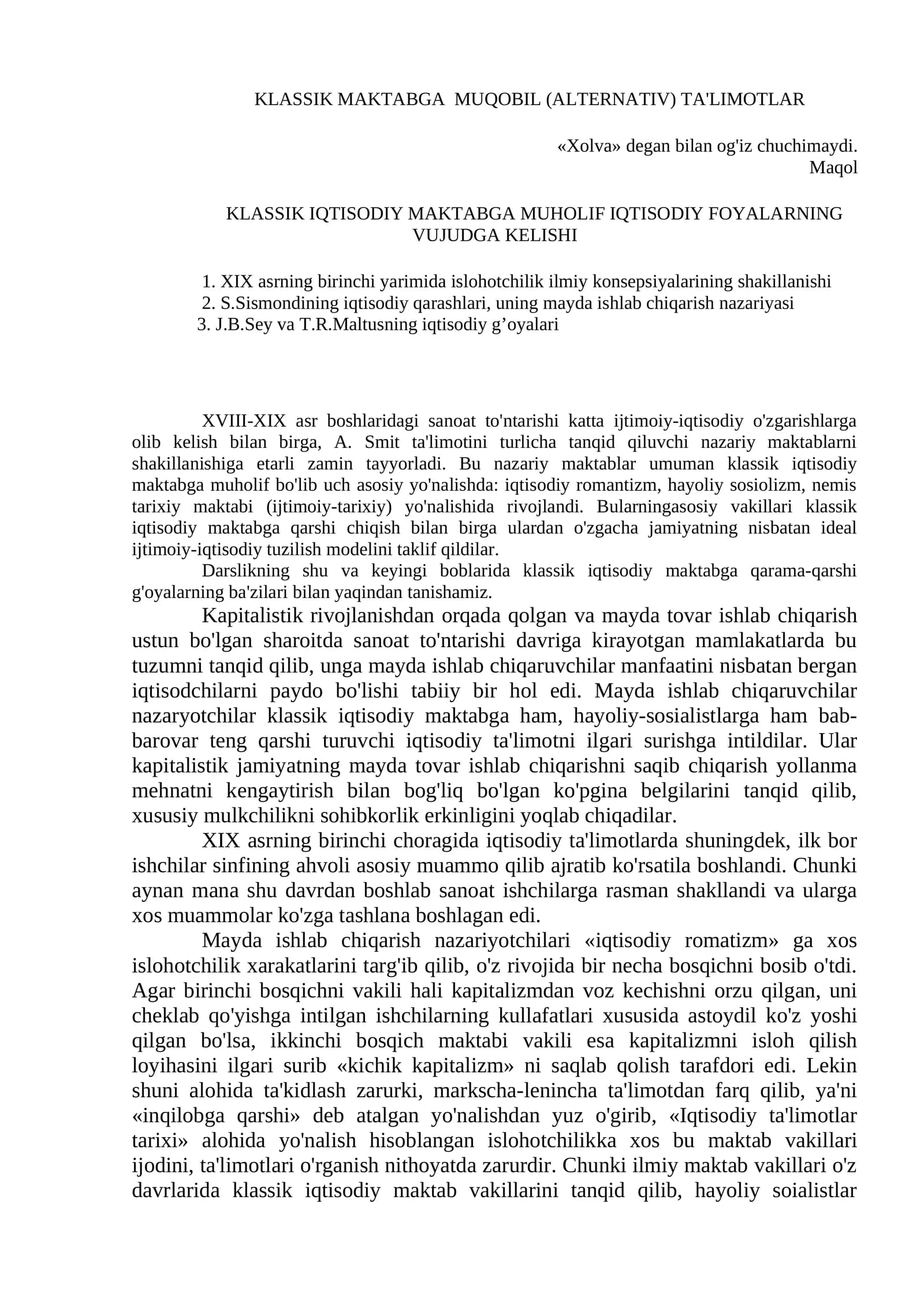 KLASSIK MAKTABGA MUQOBIL (ALTERNATIV) TA'LIMOTLAR
