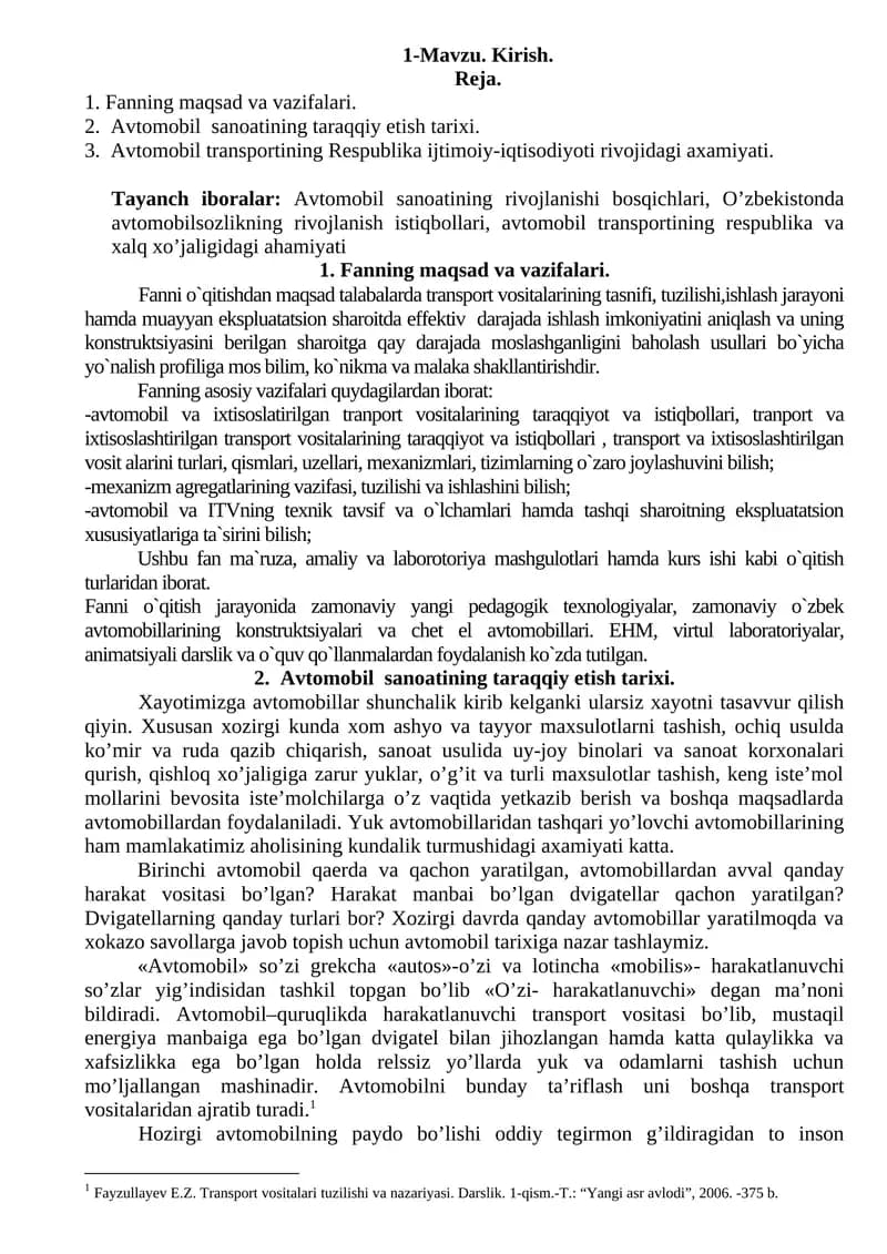 Avtomobil Transportining Respublika Ijtimoiy-Iqtisodiyoti Rivojidagi Axamiyati