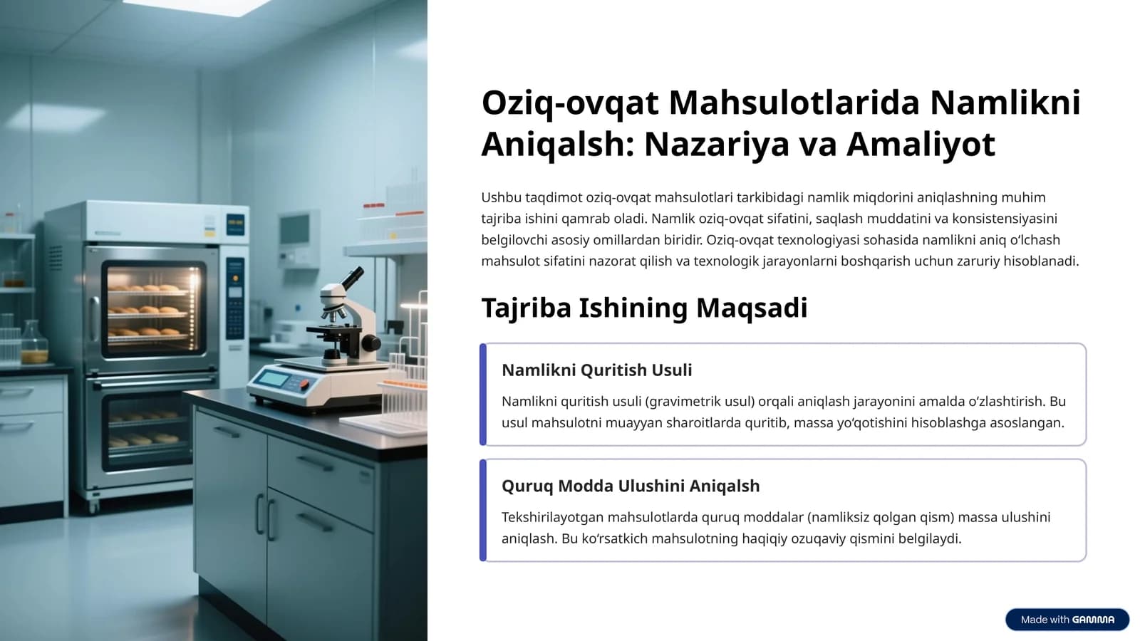 Oziq-ovqat Mahsulotlarida Namlikni Aniqalsh: Nazariya va Amaliyot