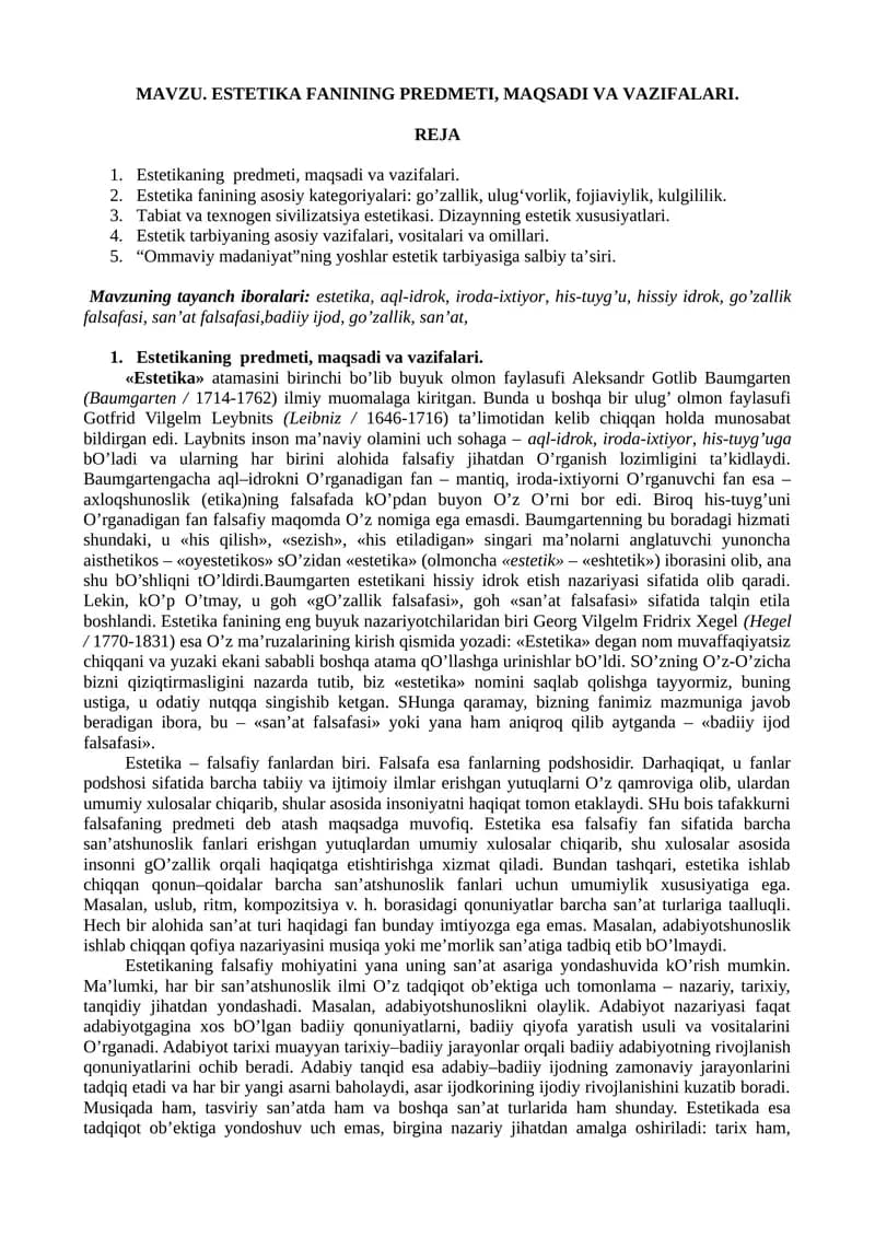 ESTETIKA FANINING PREDMETI, MAQSADI VA VAZIFALARI.