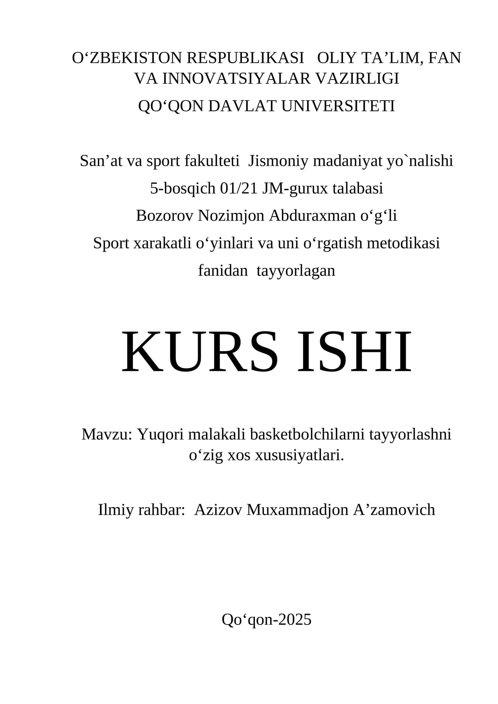 Yuqori malakali basketbolchilarni tayyorlashni oʻzig xos xususiyatlari