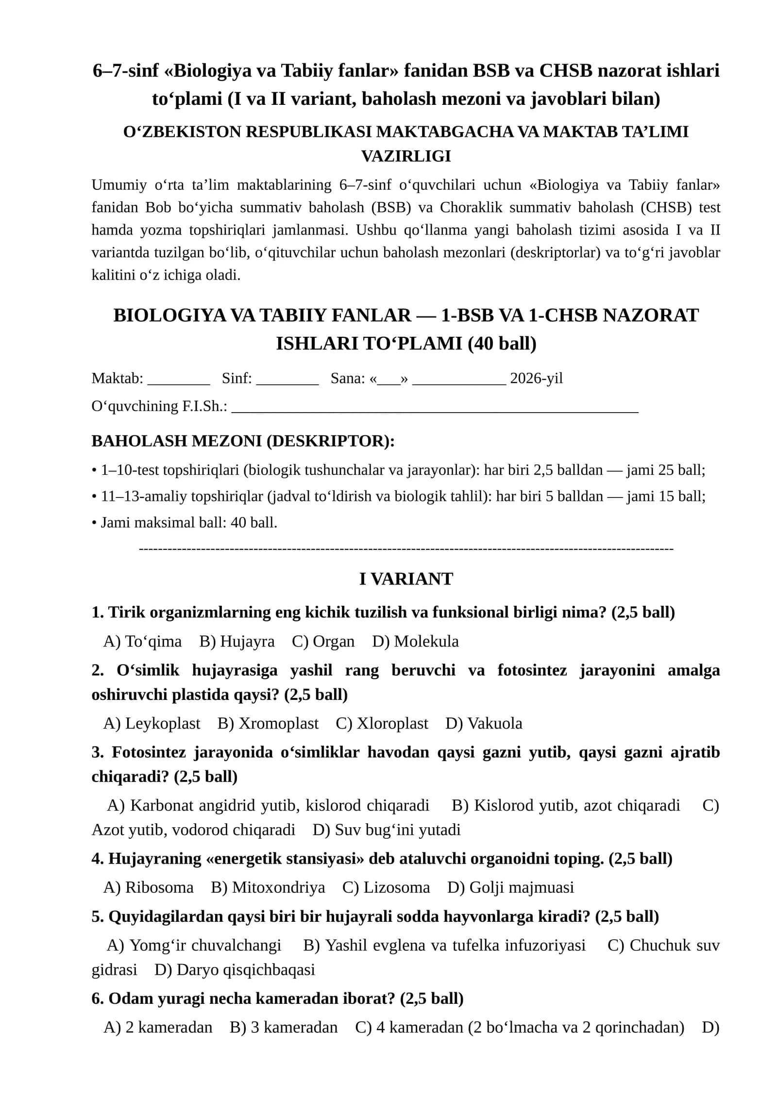 BIOLOGIYA VA TABIIY FANLAR — 1-BSB VA 1-CHSB NAZORAT ISHLARI TO‘PLAMI