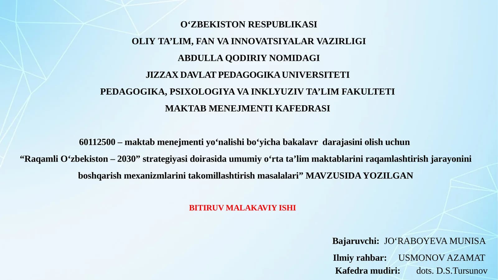 "RaqamliO‘zbekiston– 2030”strategiyasidoirasidaumumiyo‘rtata’limmaktablariniraqamlashtirishjarayoniniboshqarishmexanizmlarinitakomillashtirishmasalalari”