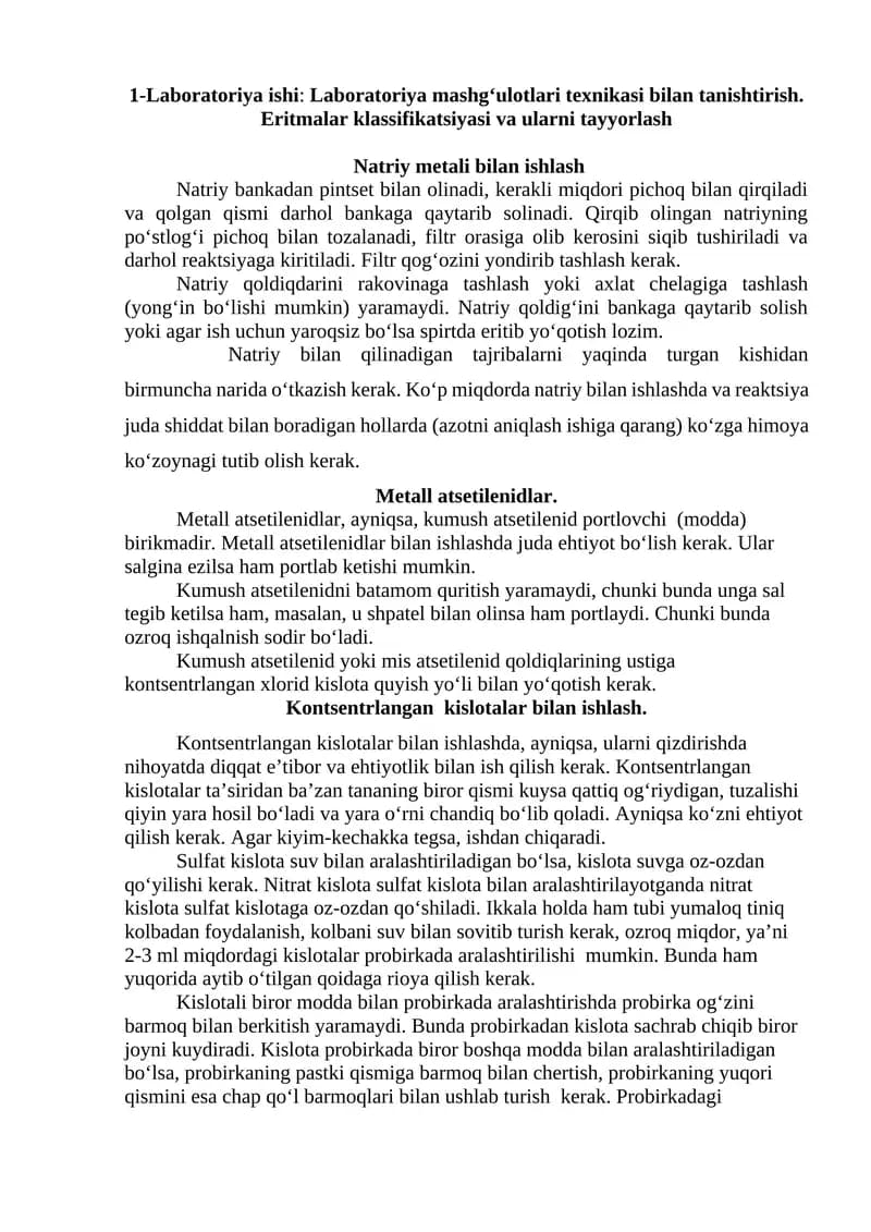 Laboratoriya ishi: Laboratoriya mashg‘ulotlari texnikasi bilan tanishtirish. Eritmalar klassifikatsiyasi va ularni tayyorlash