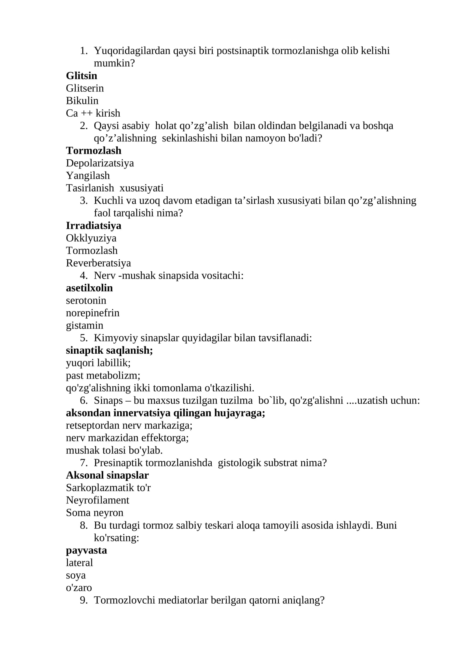 Sinaps va qo’zg’alishning kimyoviy tuzilishi