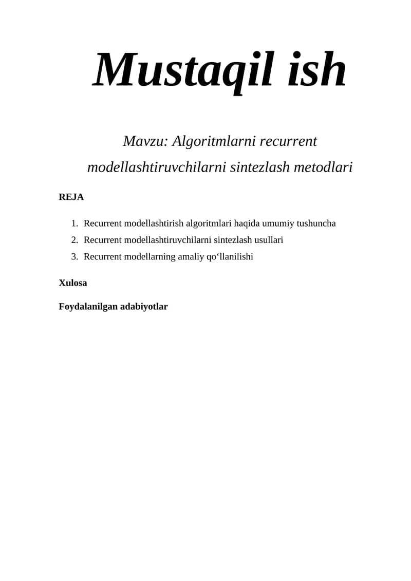 Algoritmlarni recurrent modellashtiruvchilarni sintezlash metodlari