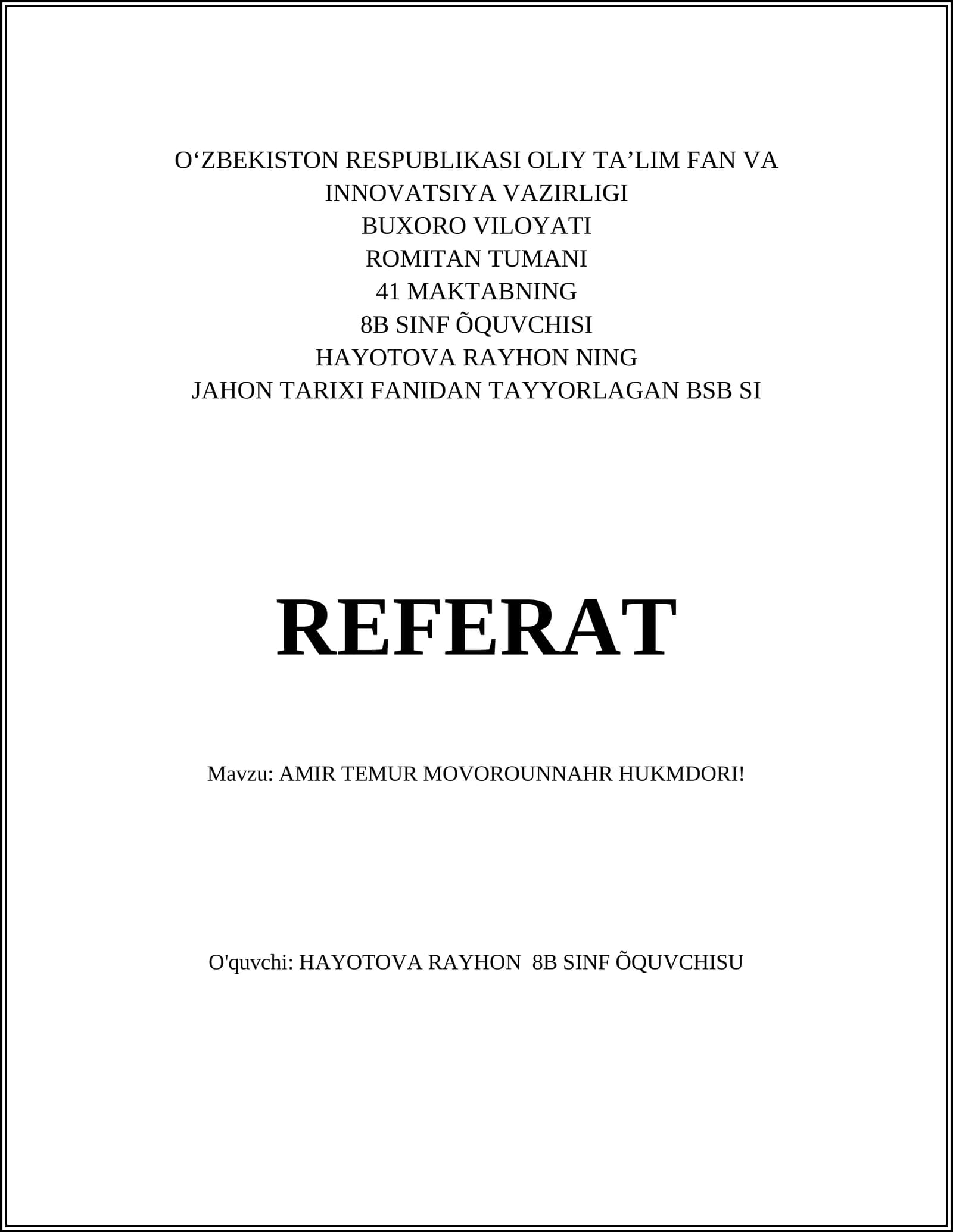 AMIR TEMUR MOVOROUNNAHR HUKMDORI REFERAT