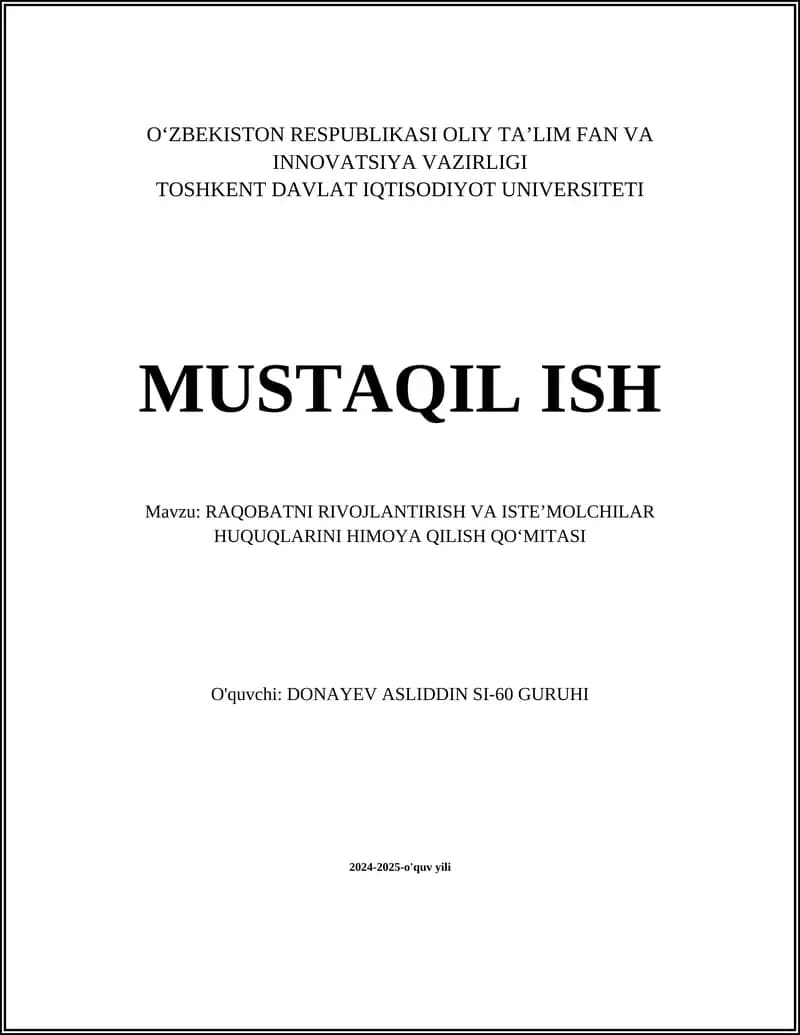 RAQOBATNI RIVOJLANTIRISH VA ISTEʼMOLCHILAR HUQUQLARINI HIMOYA QILISH QOʻMITASI