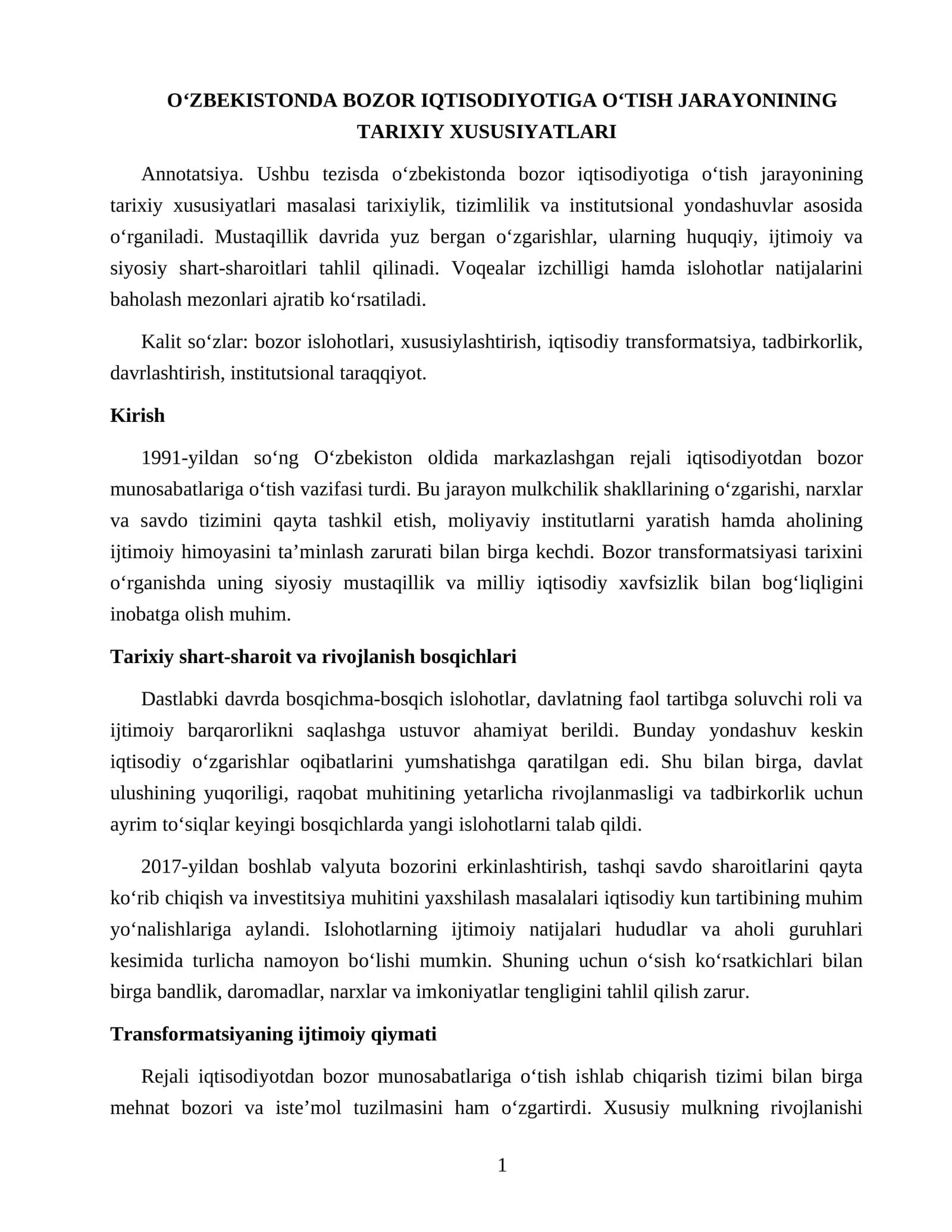O‘ZBEKISTONDA BOZOR IQTISODIYOTIGA O‘TISH JARAYONINING TARIXIY XUSUSIYATLARI