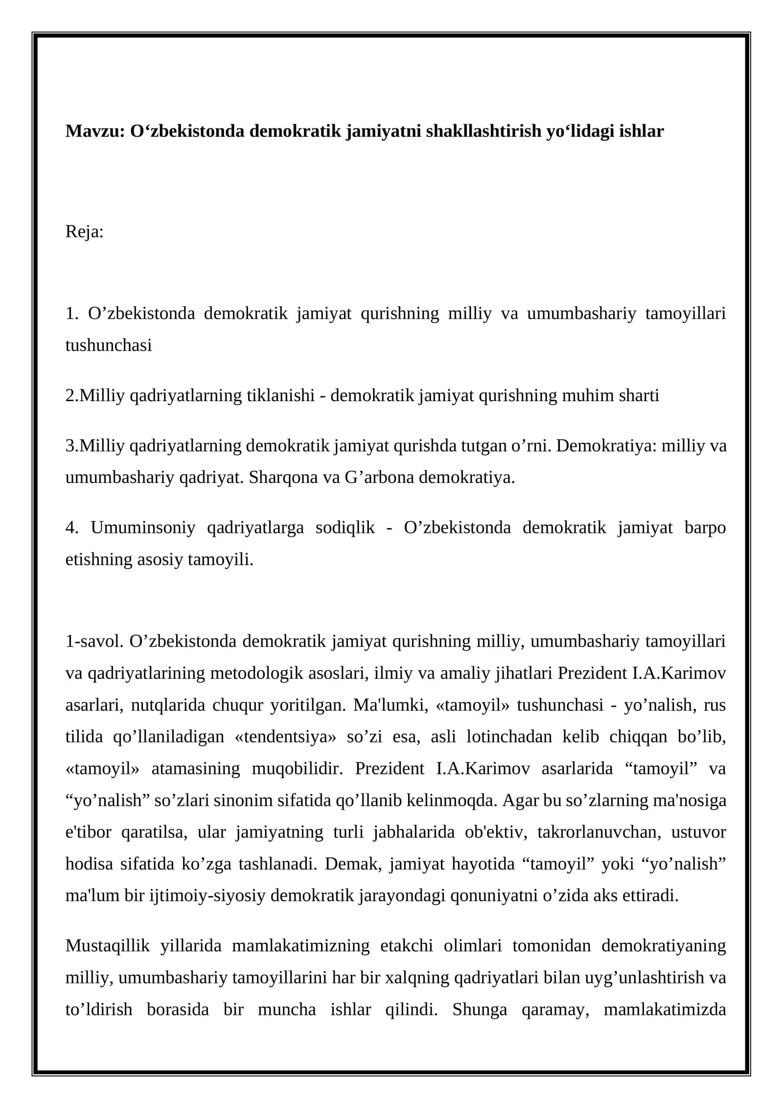 O‘zbekistonda demokratik jamiyatni shakllashtirish yo‘lidagi ishlar
