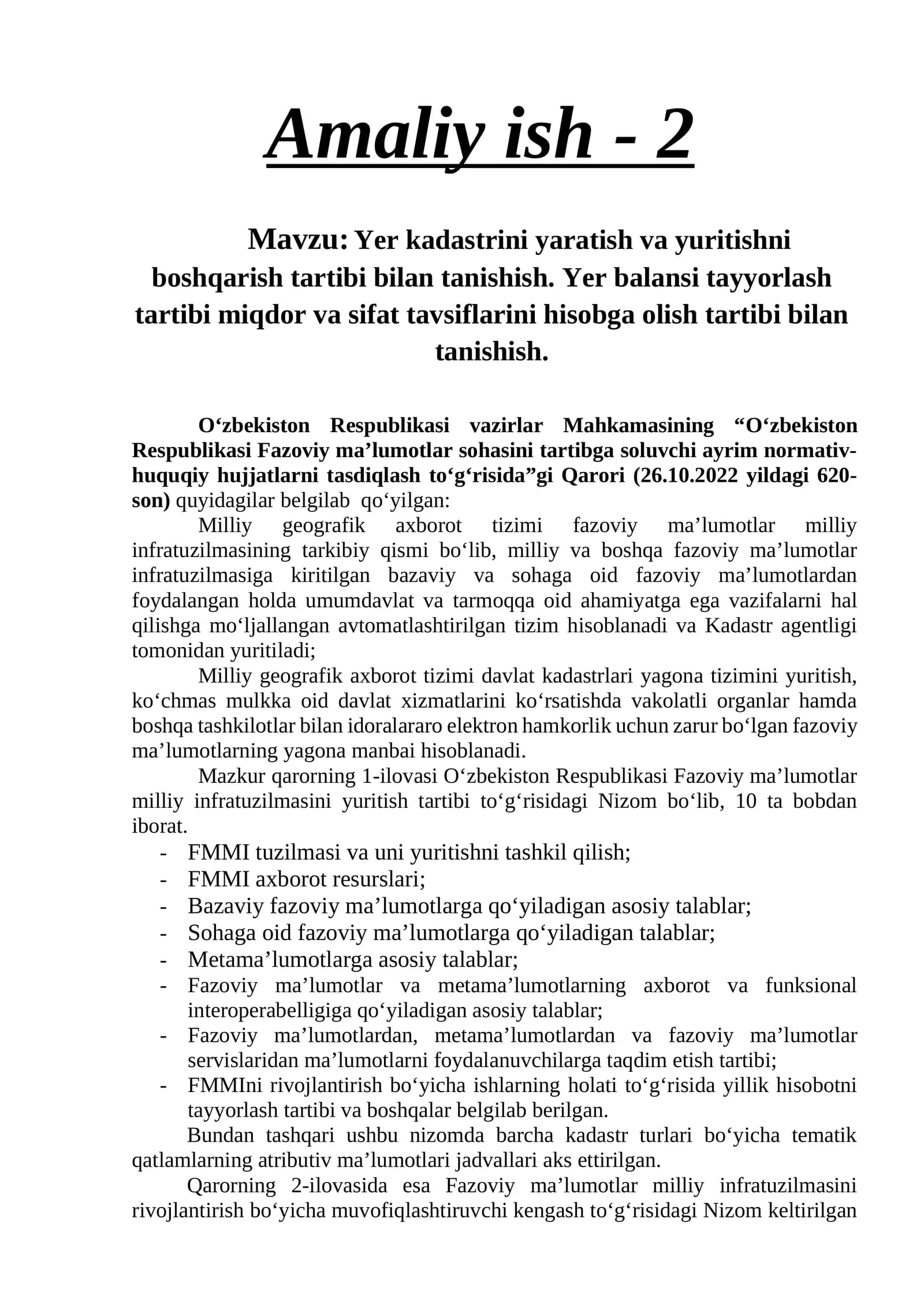 Yer kadastrini yaratish va yuritishni tanishish