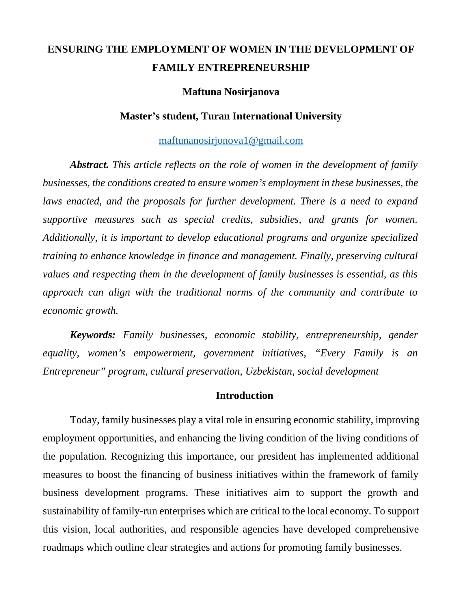 Ensuring the Employment of Women in the Development of Family Entrepreneurship