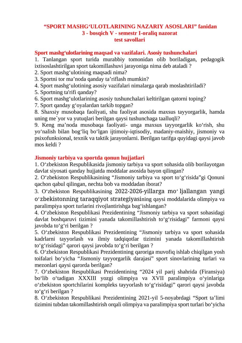 SPORT MASHGʻULOTLARINING NAZARIY ASOSLARI