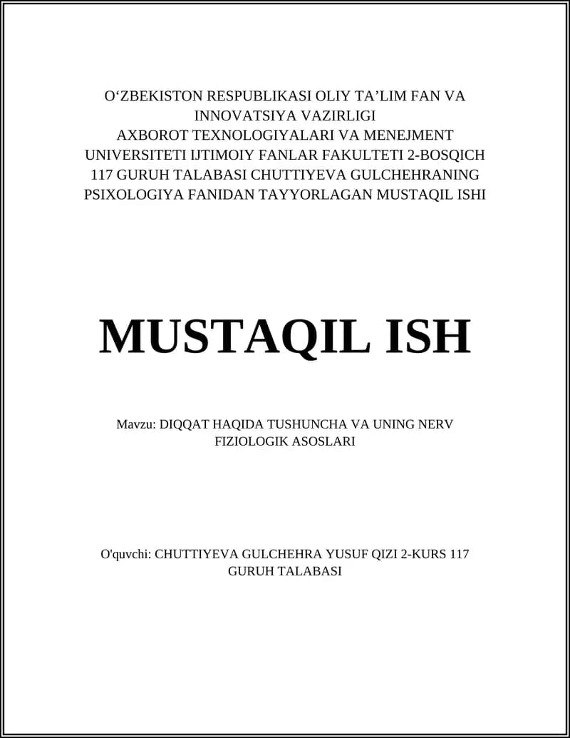 Chuttiyeva Gulchehraning Psixologiya Fanidan Tayyorlagan Mustaqil Ishi