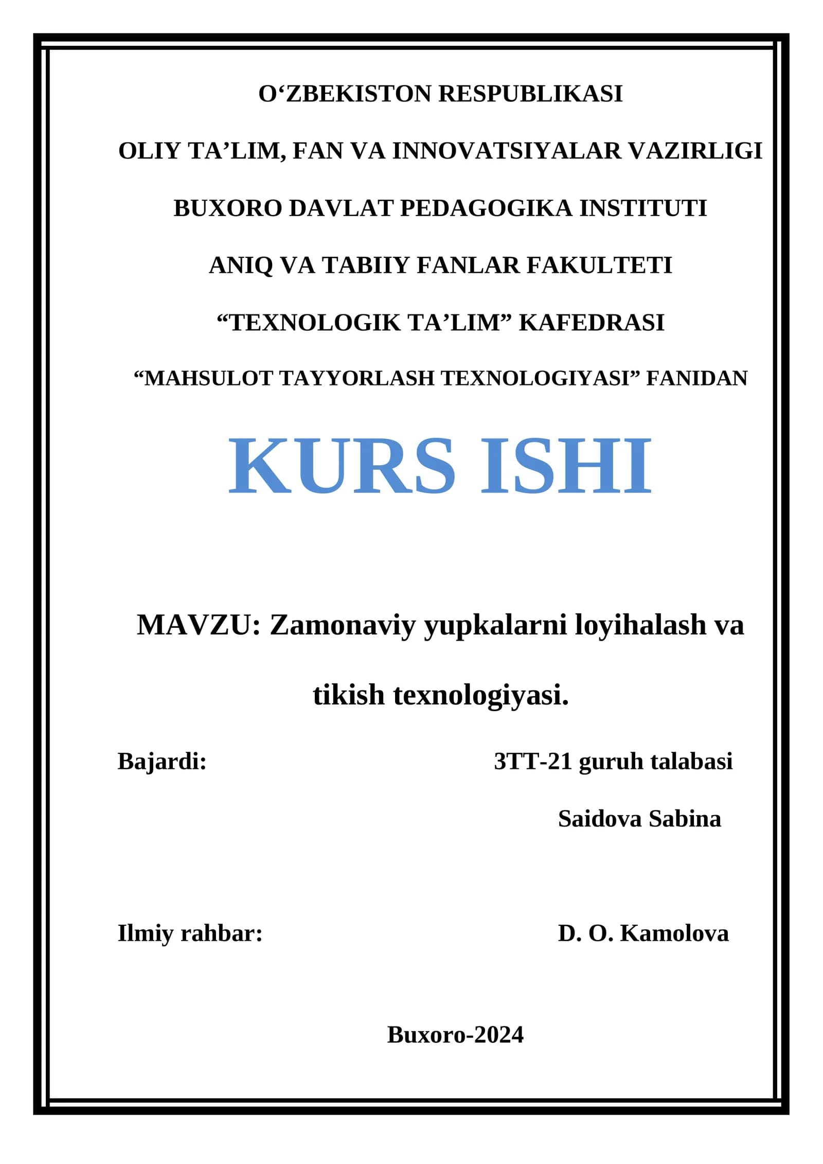 Zamonaviy yupkalarni loyihalash va tikish texnologiyasi