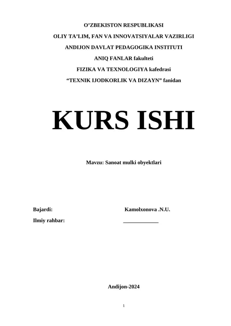 Sanoat mulki obyektlari kurs ishi