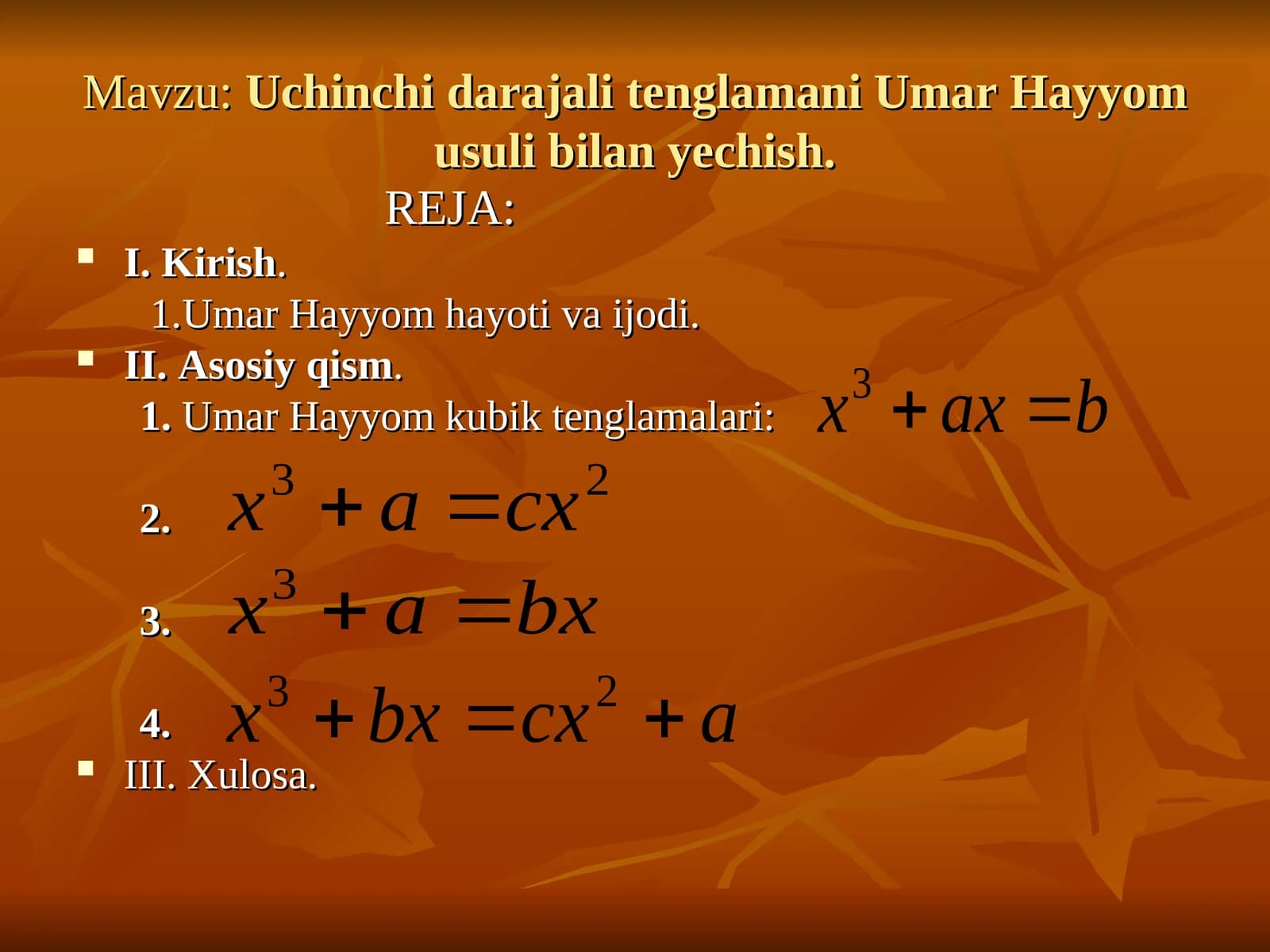 Umar Hayyom usuli bilan Uchinchi darajali tenglamalar