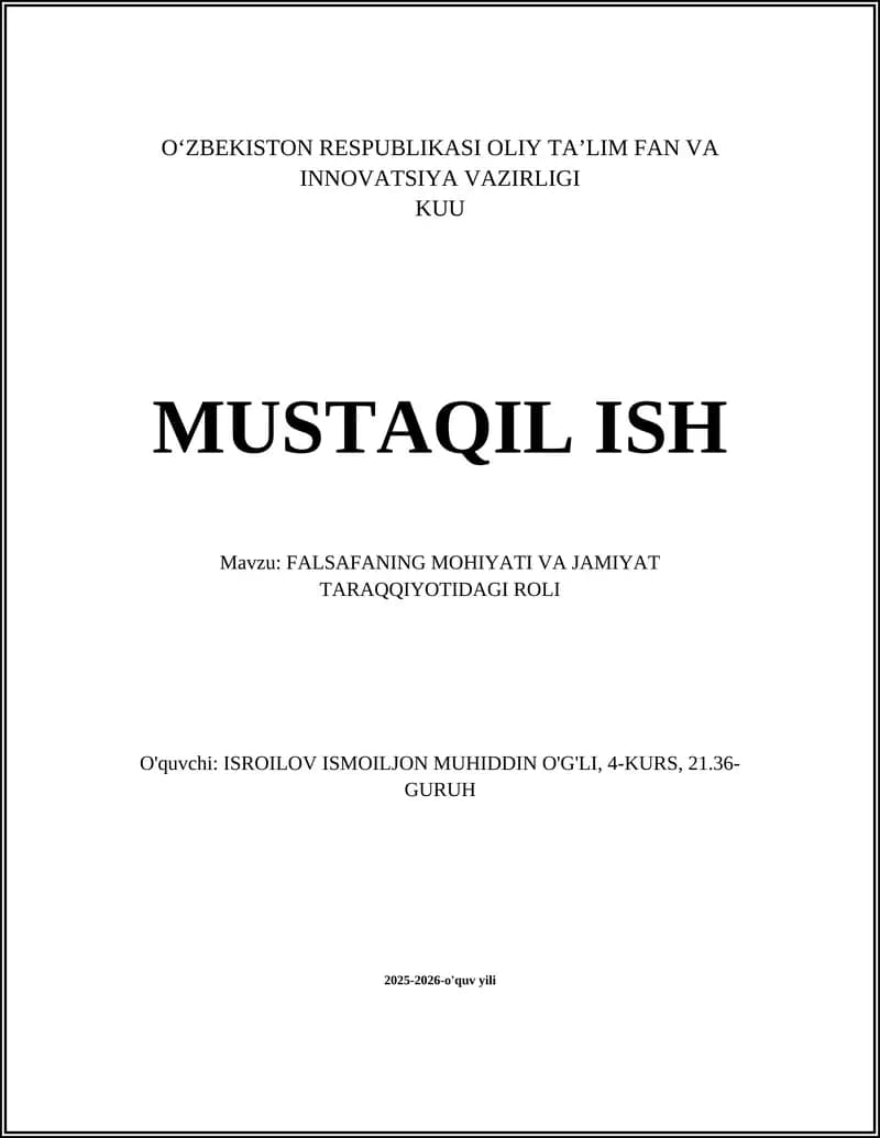 FALSAFANING MOHIYATI VA JAMIYAT TARAQQIYOTIDAGI ROLI