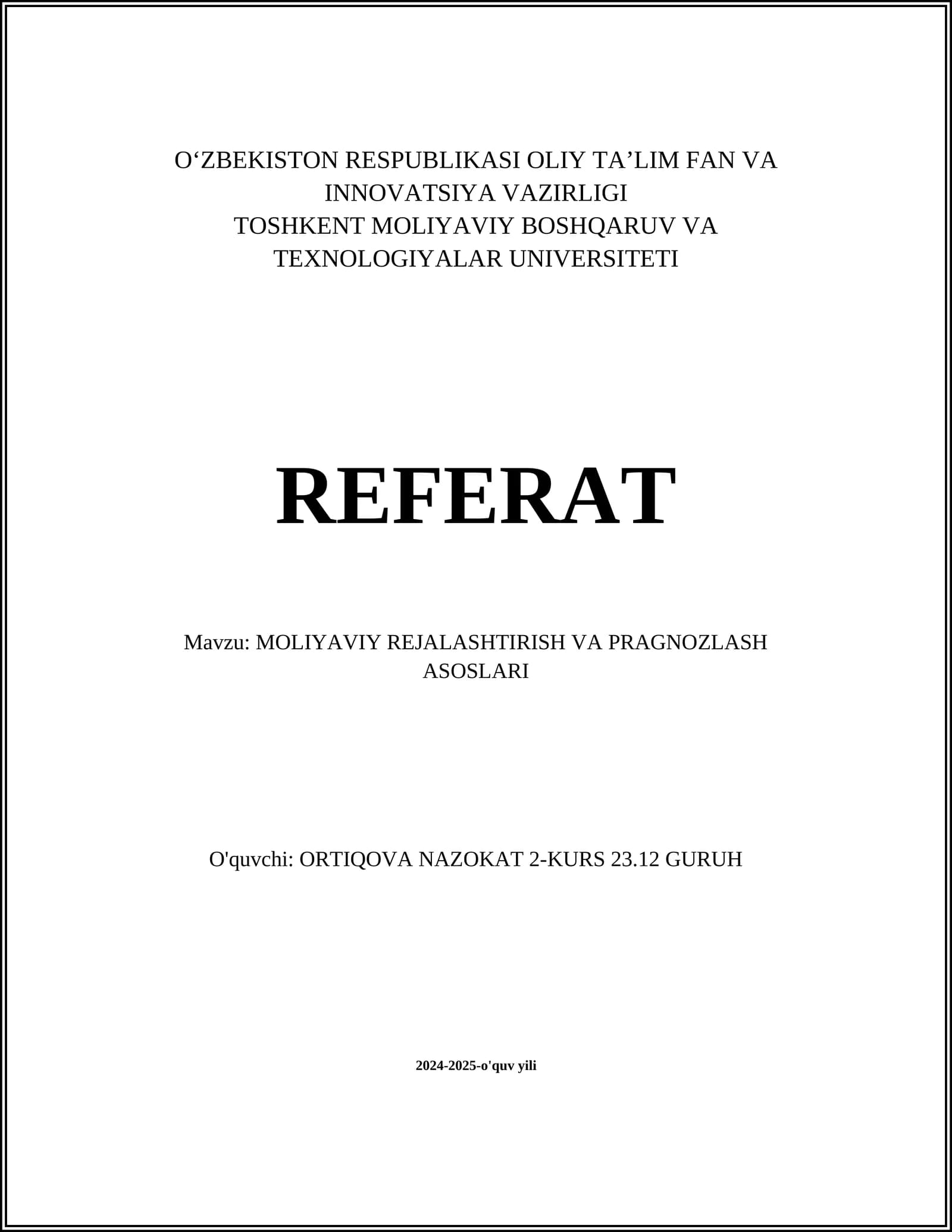 MOLIYAVIY REJALASHTIRISH VA PRAGNOZLASH ASOSLARI