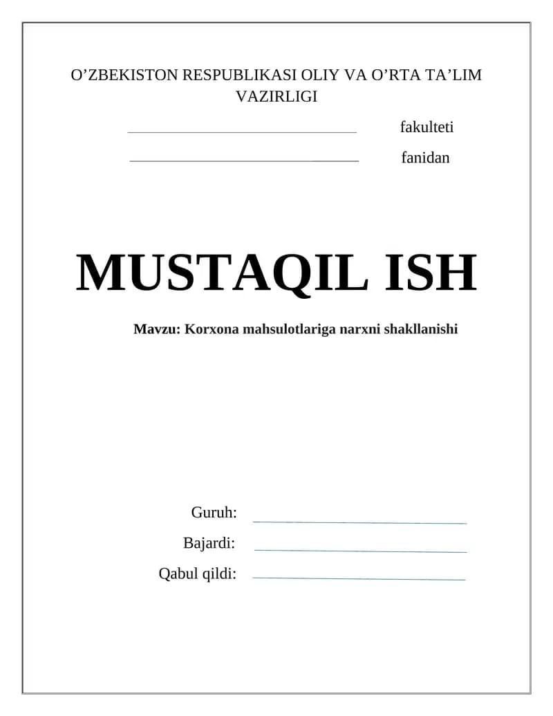Korxona mahsulotlariga narxni shakllanishi
