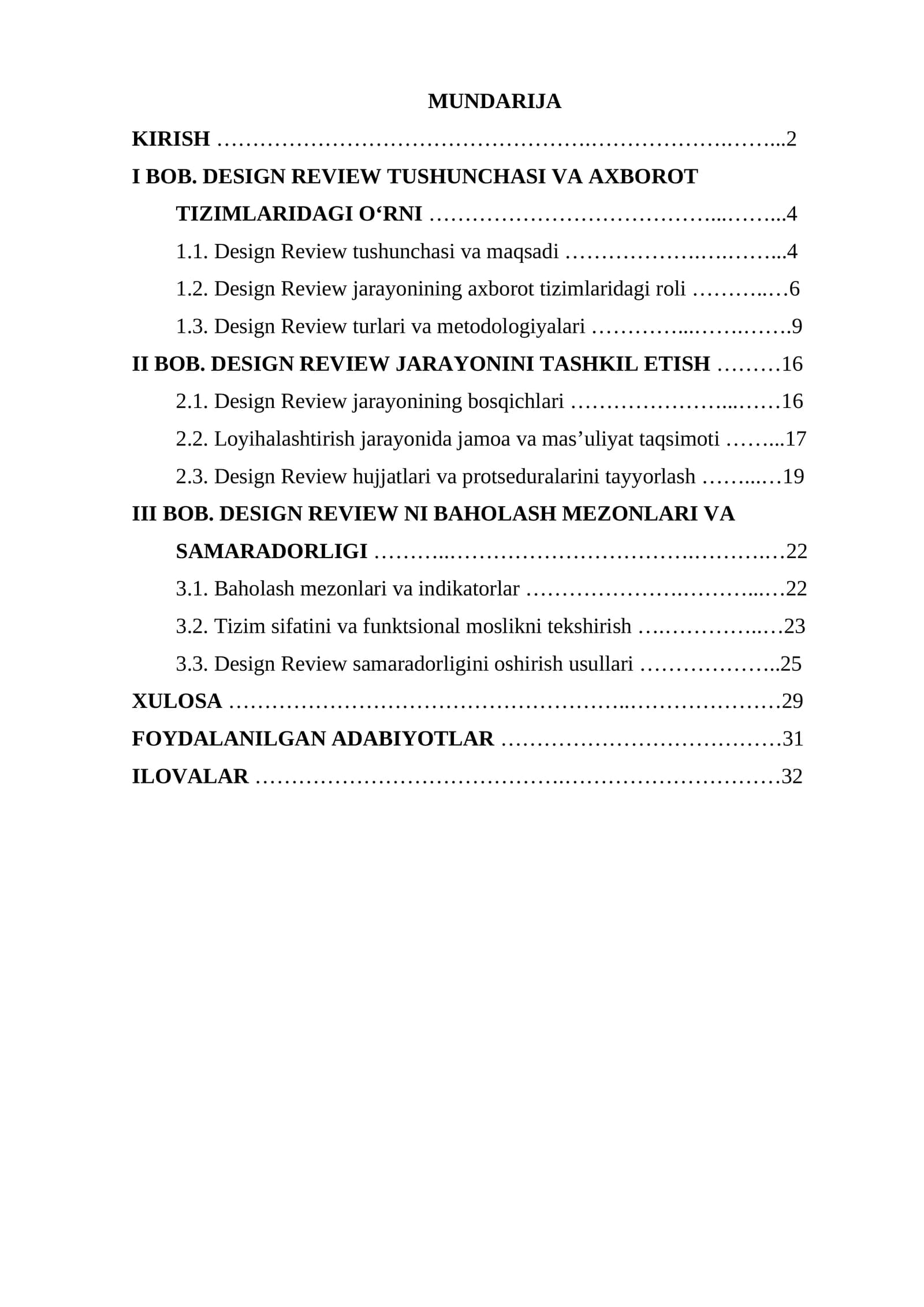 Desing Review jarayonini tashlik etish va baholash mezonlari