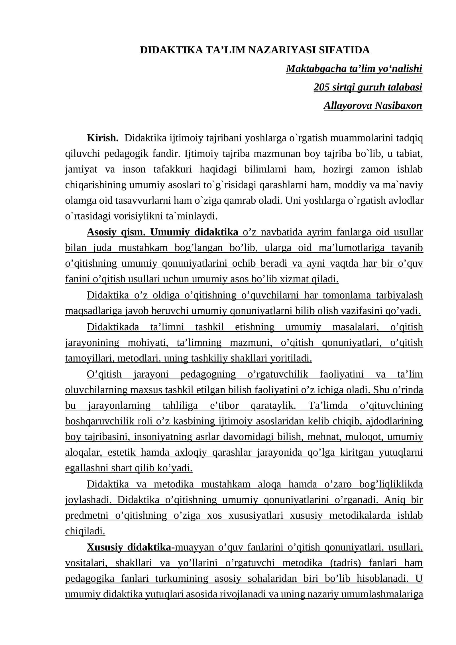 Didaktika TA’LIM NAZARIYASI SIFATIDA