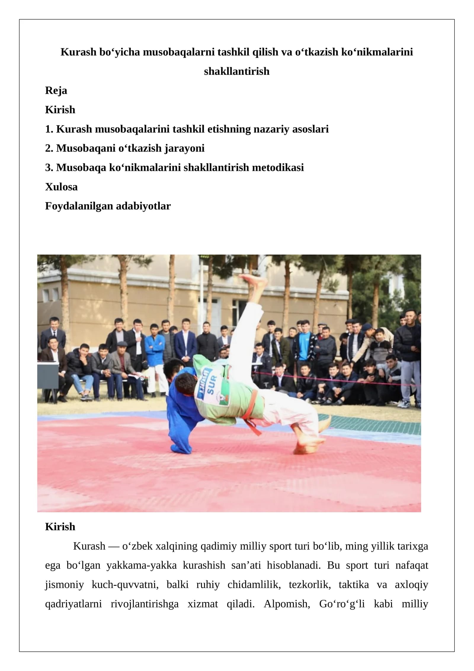 Kurash bo‘yicha musobaqalarni tashkil qilish va o‘tkazish ko‘nikmalarini shakllantirish