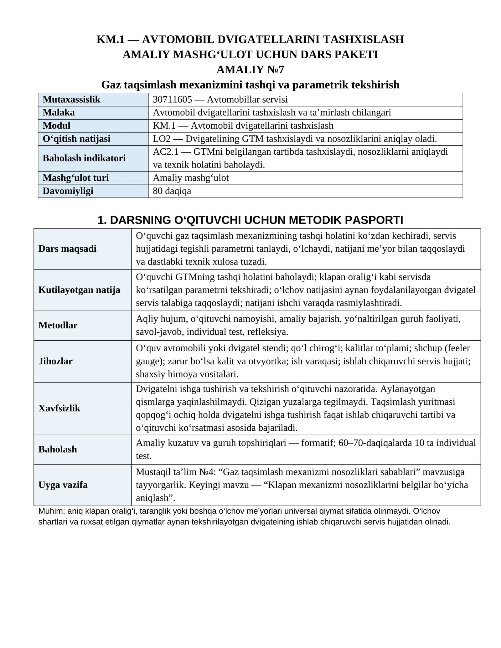 Avtomobil Dvigatellarini Tashxislash Amaliy_7_Gaz_taqsimlash_mexanizmini_tashqi_va_parametrik_tekshirish