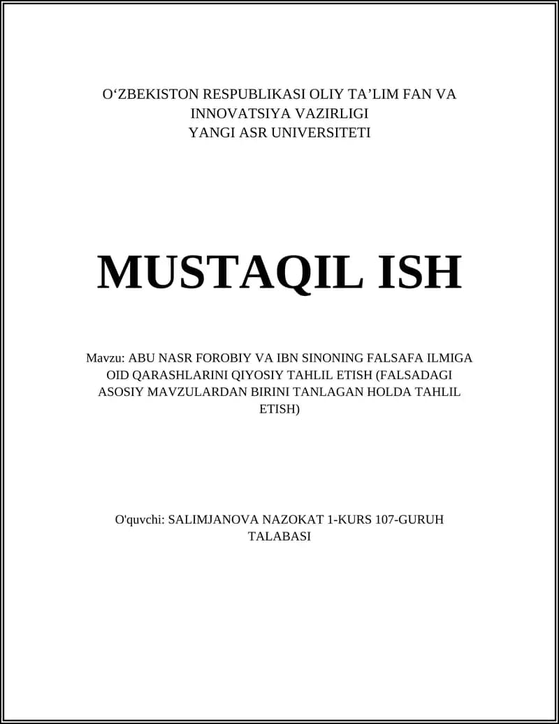 Abu Nasr Forobiy va Ibn Sinoning Falsaafa ILMiga OID Qarashlarini Qiyosiy Tahlil Etish