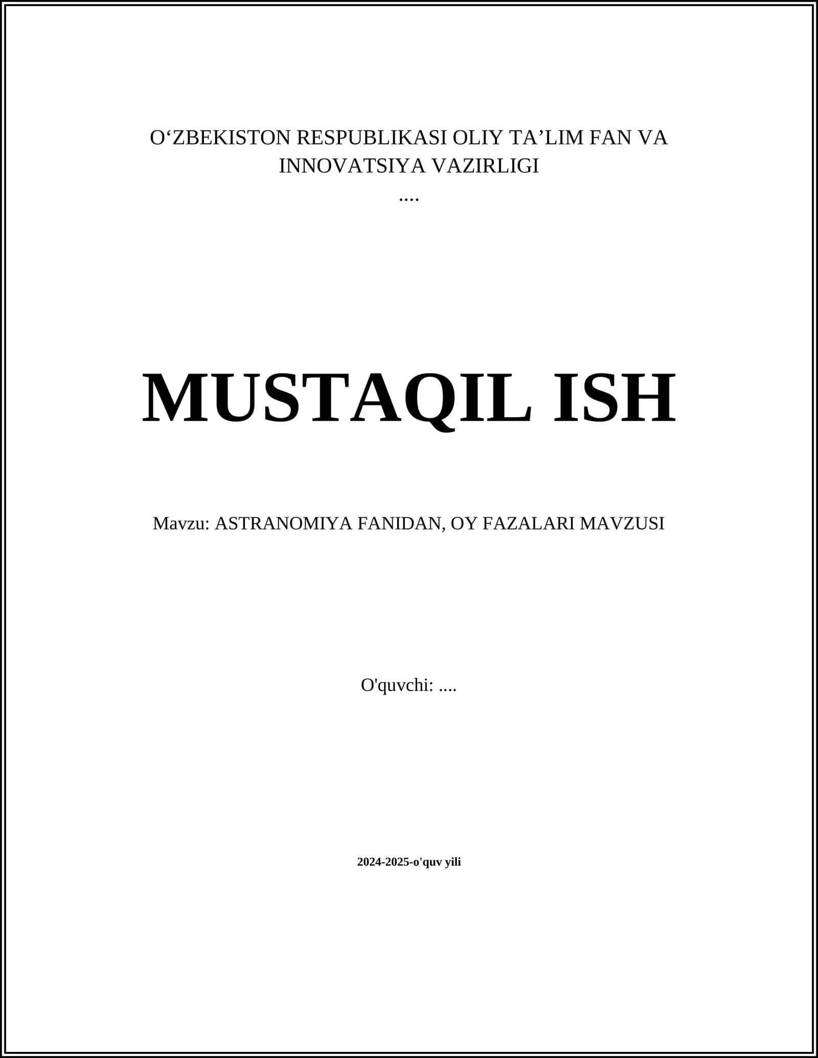 ASTRANOMIYA FANIDAN, OY FAZALARI MAVZUSI