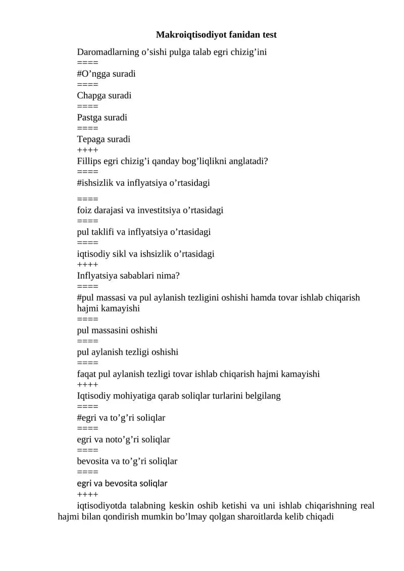 Makroiqtisodiyot fanidan test