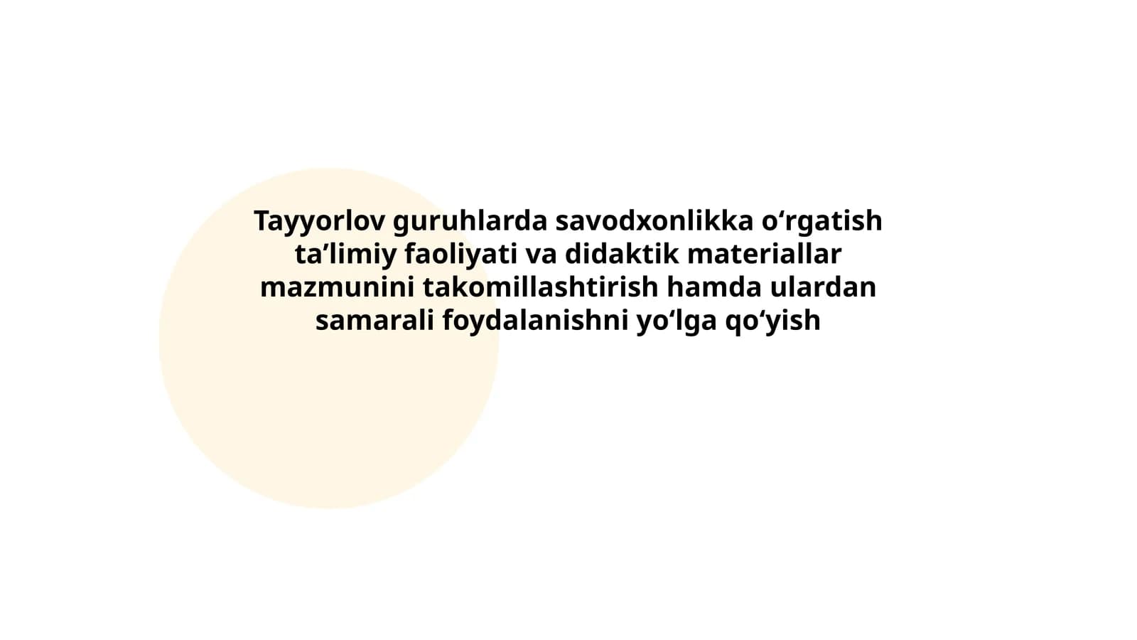 Tayyorlov guruhlarda savodxonlikka oʻrgatish taʼlimiy faoliyati va didaktik materiallar mazmunini takomillashtirish hamda ulardan samarali foydalanishni yoʻlga qoʻyish