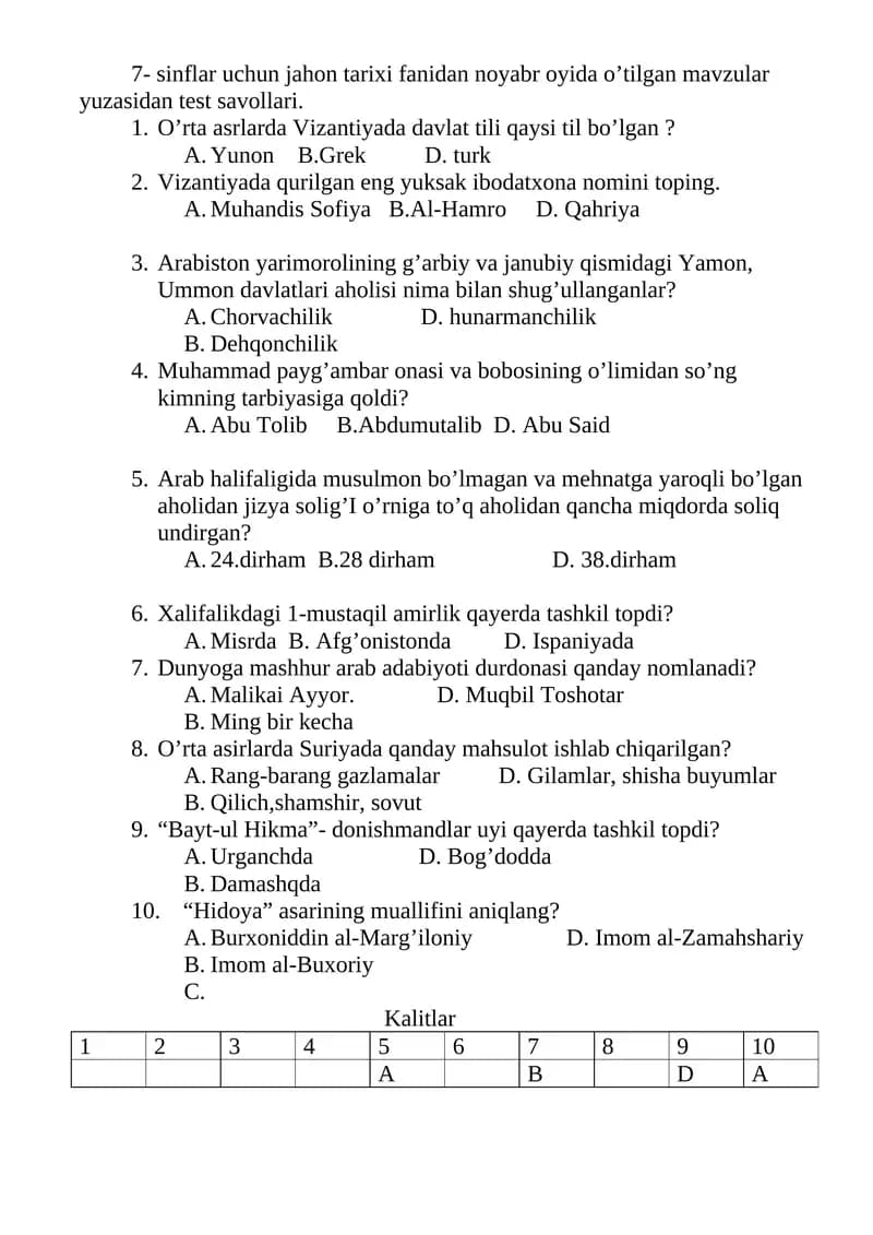 Jahon tarixi fanidan test savollari