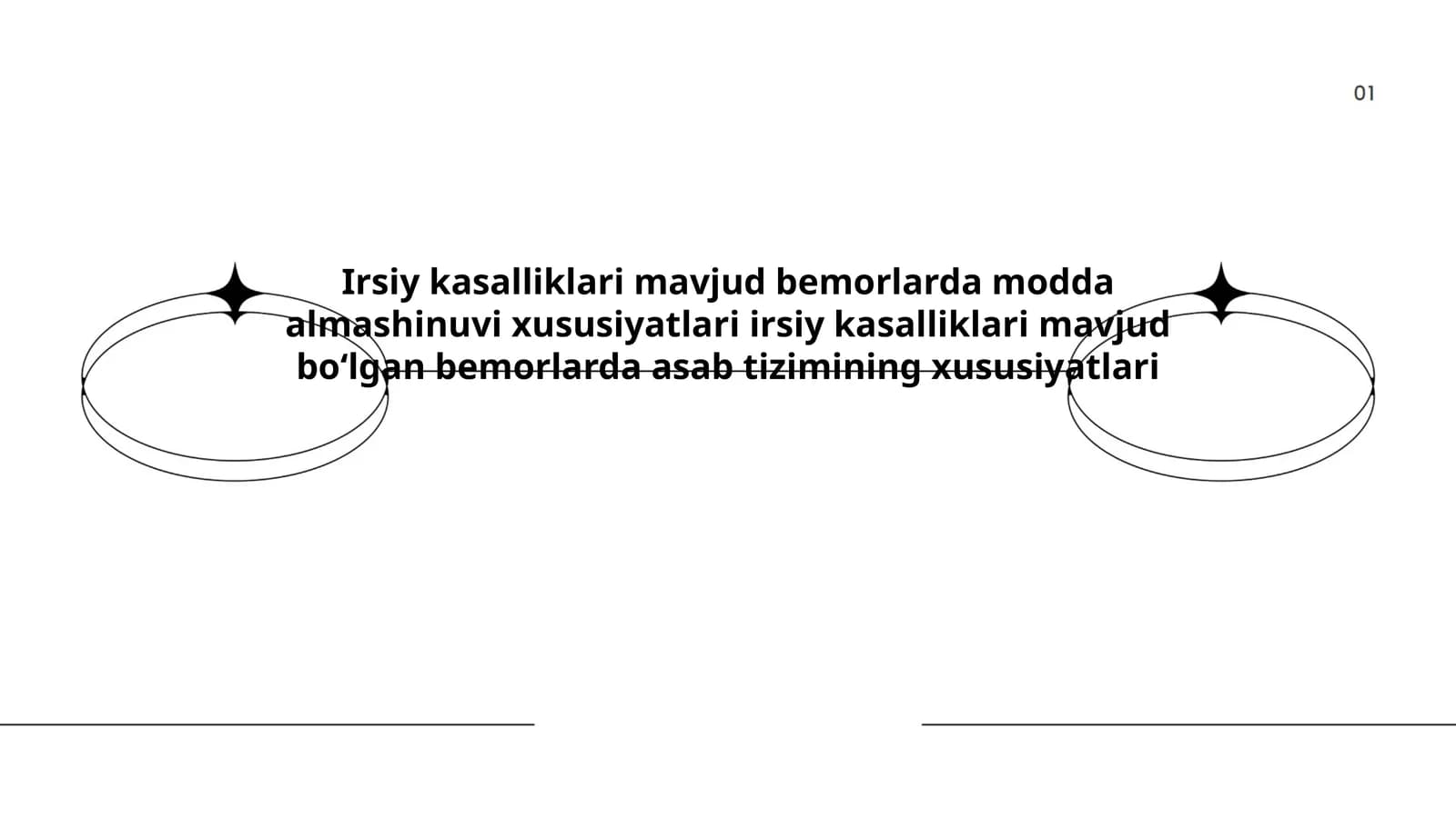 Irsiy kasalliklari mavjud bemorlarda modda almashinuvi xususiyatlari irsiy kasalliklari mavjud boʻlgan bemorlarda asab tizimining xususiyatlari