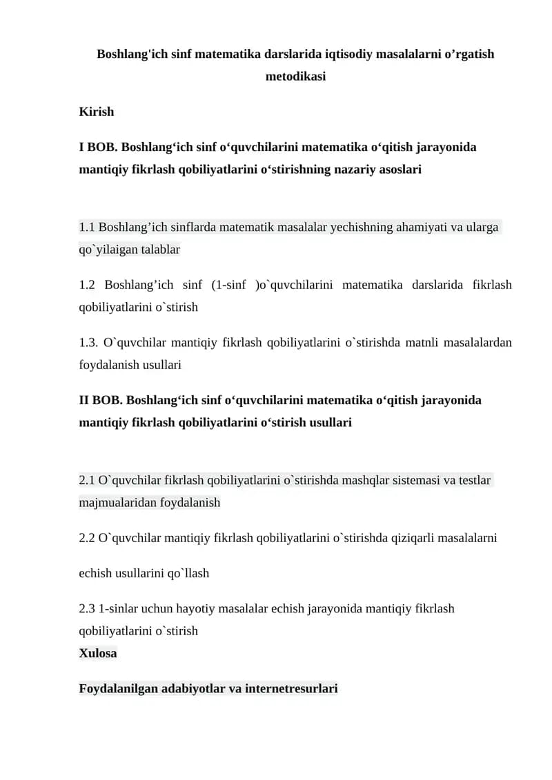 Boshlang'ich sinf matematika darslarida iqtisodiy masalalarni o’rgatish metodikasi