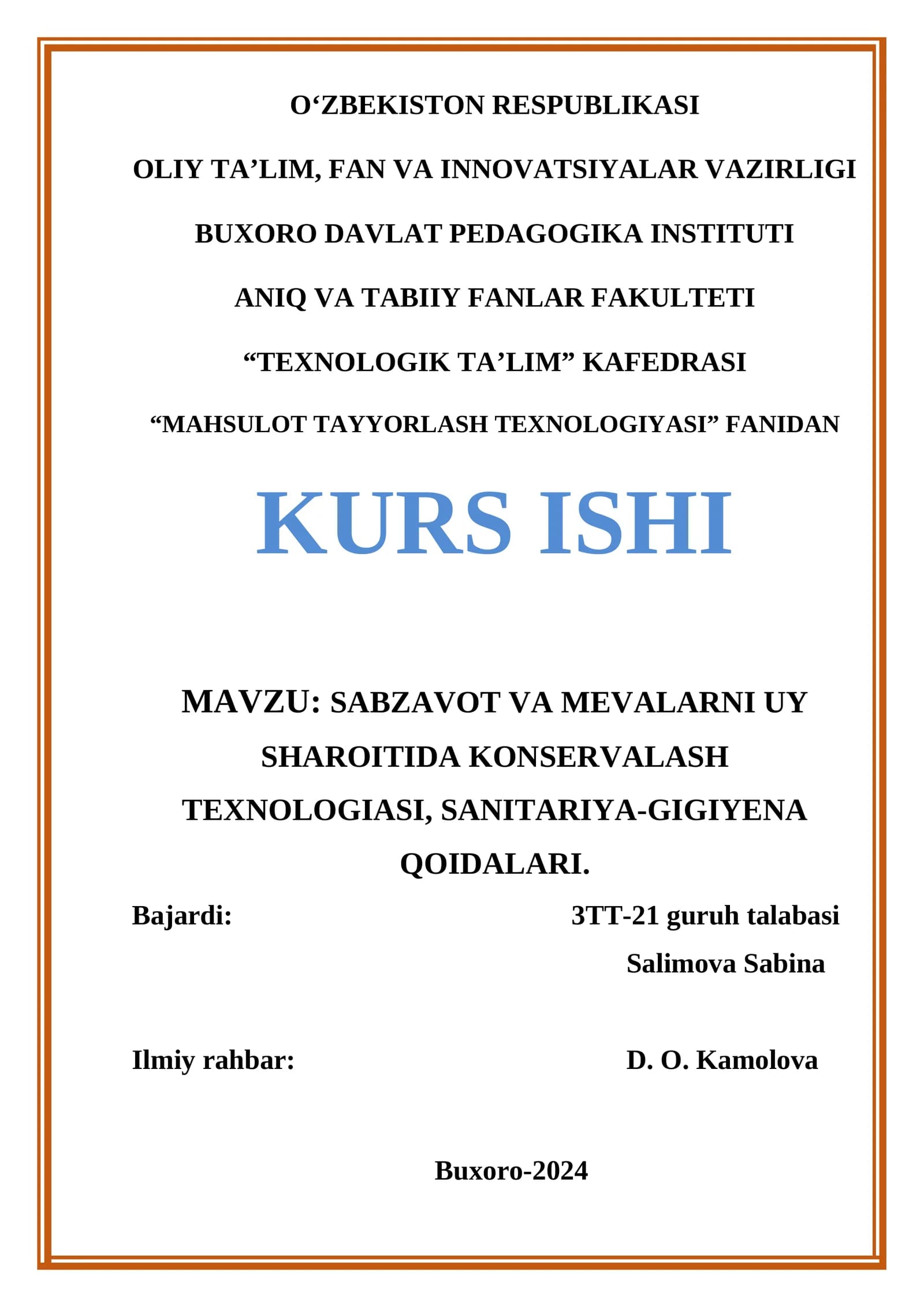 MAHSULOT TAYYORLASH TEXNOLOGIYASI KURS ISHI
