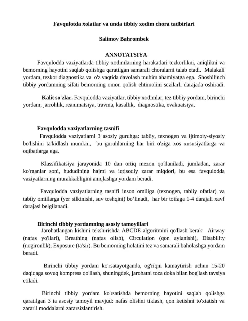 Favqulodda vaziyatlarda xodimlarning chora tadbirlari