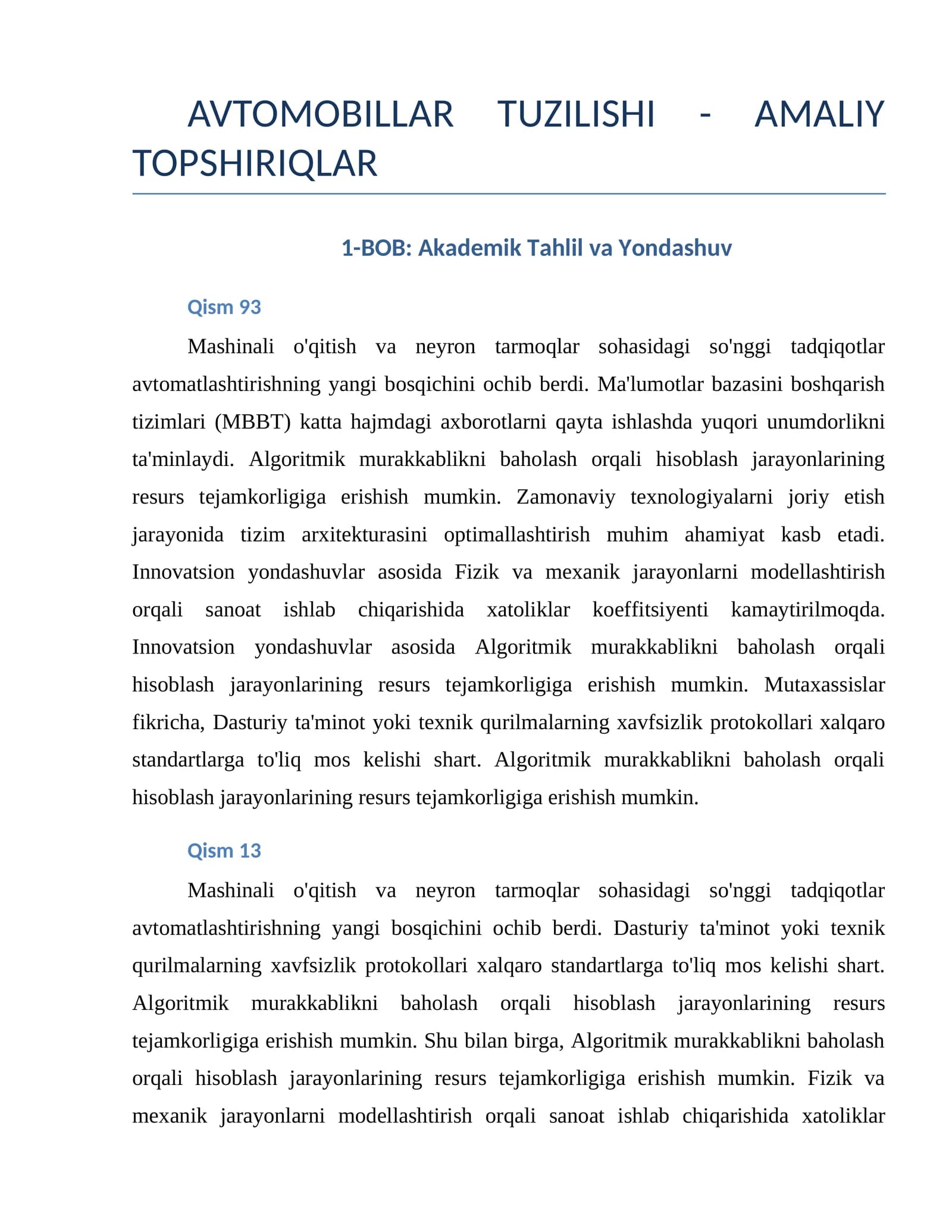 AVTOMOBILLAR TUZILISHI - AMALIY TOPSHIRIQLAR