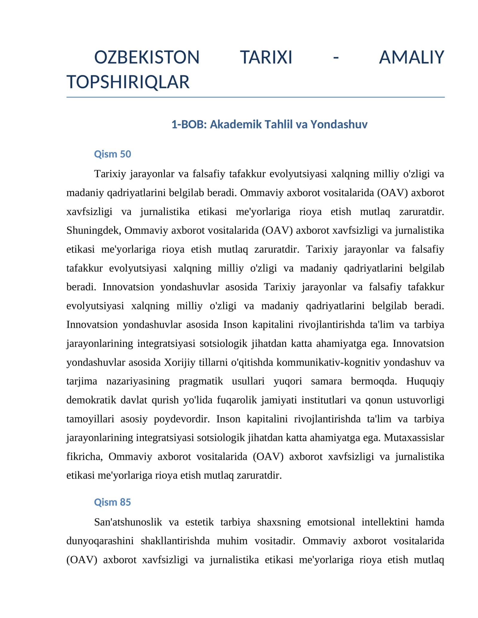 OZBEKISTON TARIXI - AMALIY TOPSHIRIQLAR